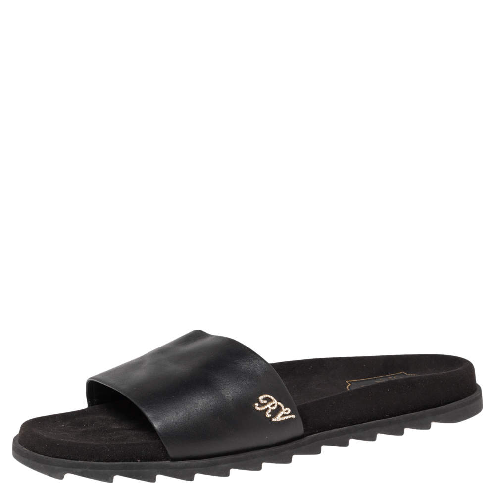 Roger Vivier Black Leather and Suede Logo Crystals Flat Slides Size 41 