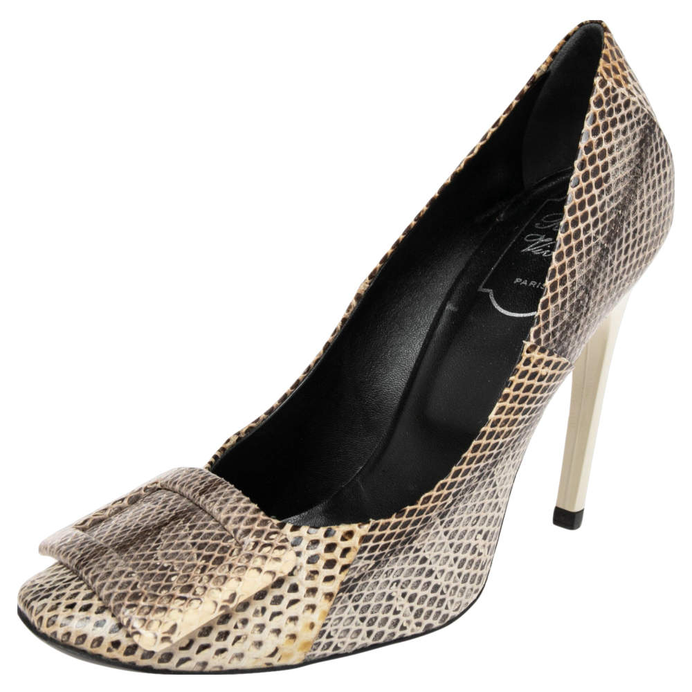Pre Owned Roger Vivier Grey/Beige Snakeskin Embossed Leather Pumps Size 38