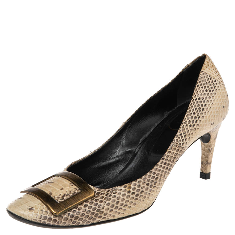 Pre Owned Roger Vivier  Beige/Brown Snakeskin Leather Embossed  Gommette Buckle Detail Pumps Size 41