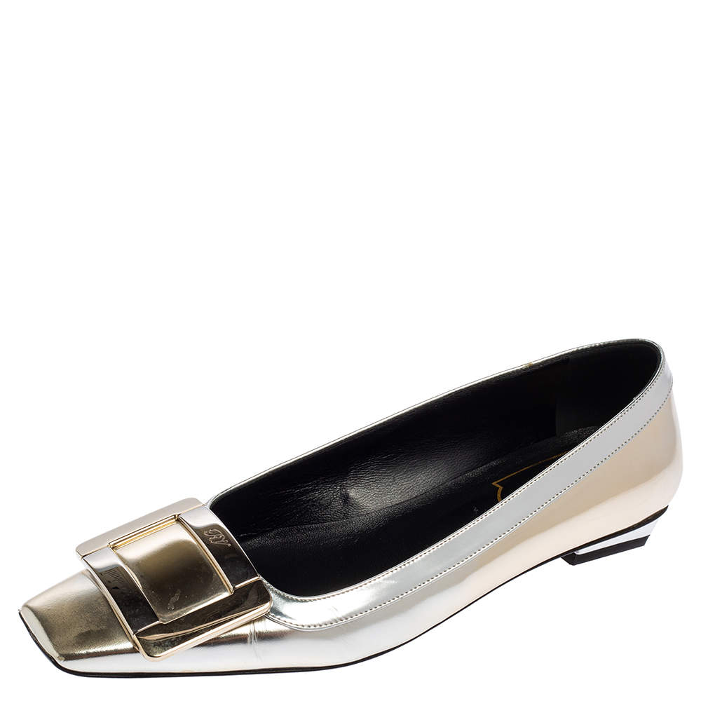 Pre Owned Roger Vivier Silver-Gold Leather Buckle Detail Square Cap Toe Ballet Flats Size 36