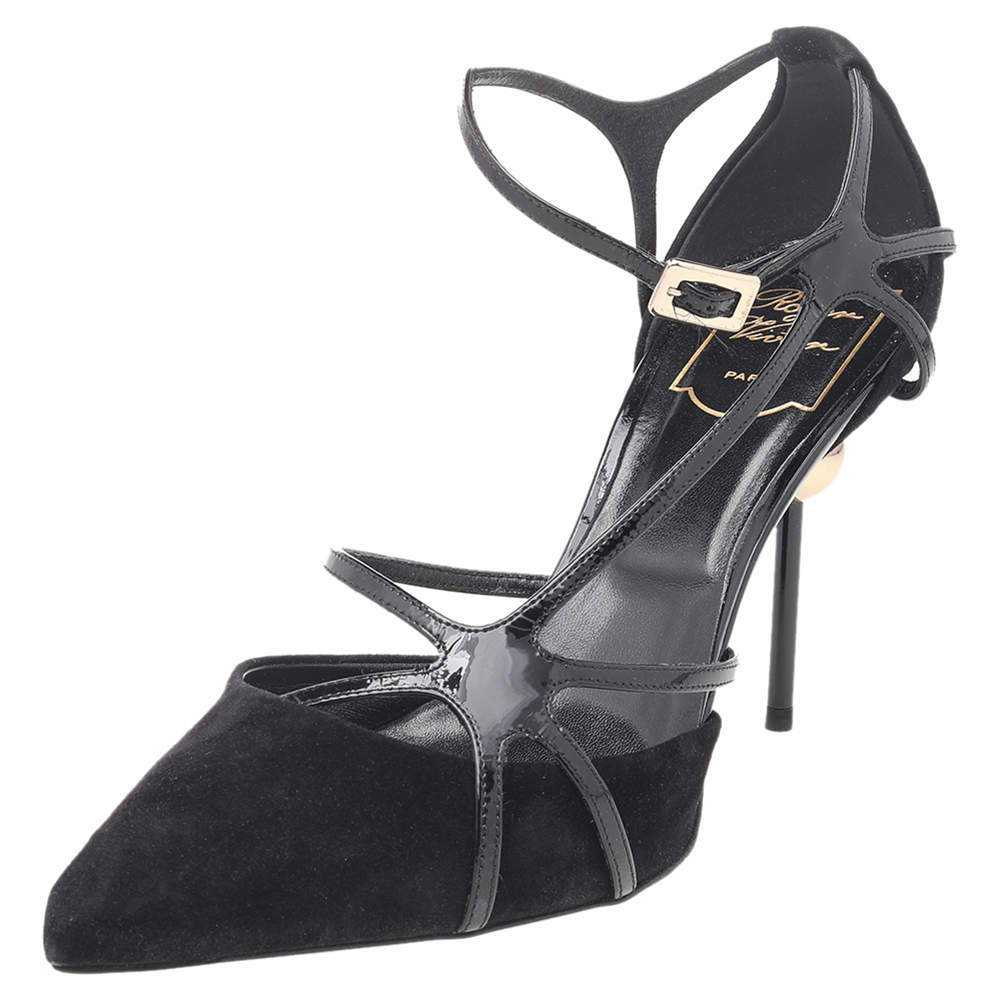 Pre Owned Roger Vivier Black Suede And Patent Leather Strappy Pointed Toe Pumps Size 38.5