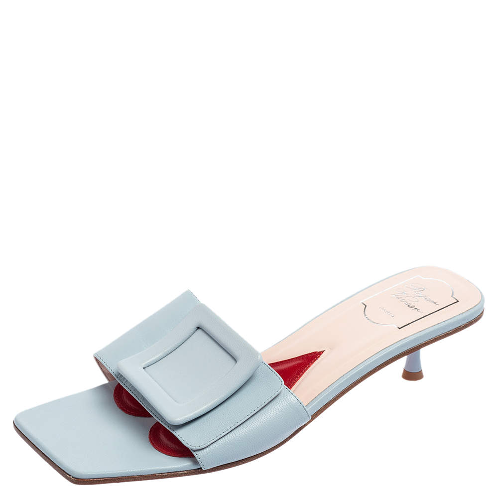 Pre Owned Roger Vivier Blue Leather Covered Buckle Mules Size 41