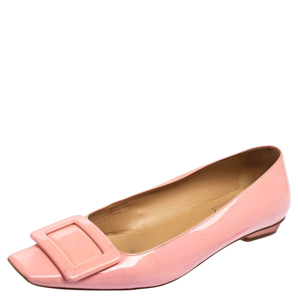 Pre Owned Roger Vivier Pink Patent Leather Ballet Flat Pumps Size 37.5