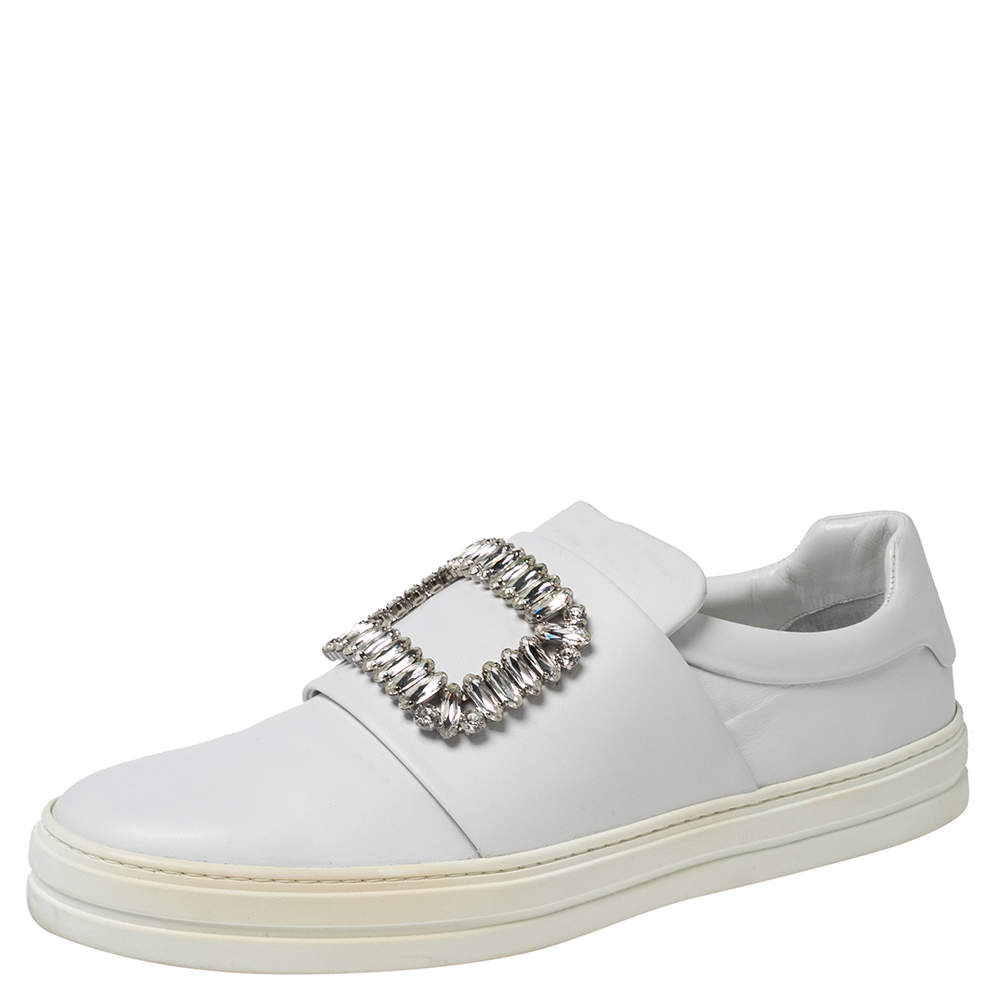Pre Owned Roger Vivier White Leather Sneaky Viv Embellished Slip On Sneakers Size 40