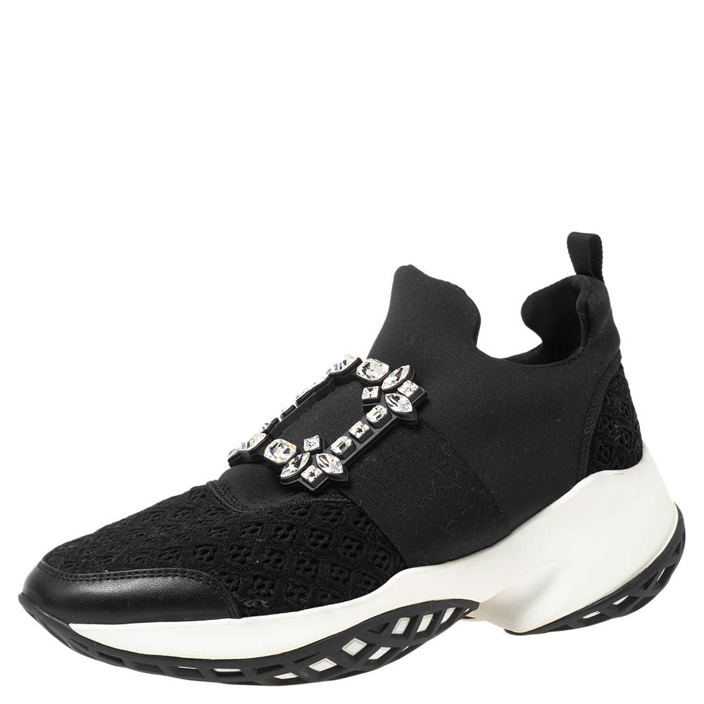 Pre Owned Roger Vivier Black Leather And Fabric Sneaky Viv Crystal Embellished Slip On Sneakers Size 40