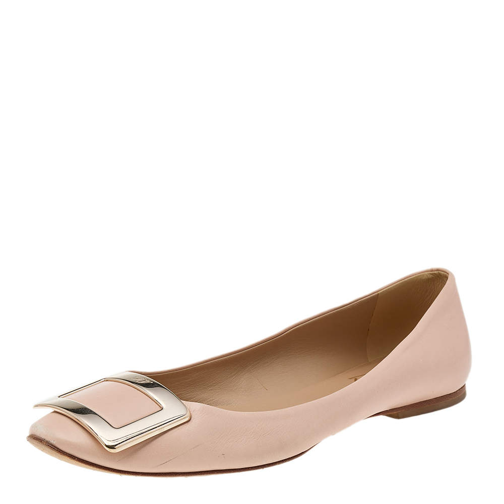 Pre Owned Roger Vivier Beige Leather Trompette Ballet Flats Size 38