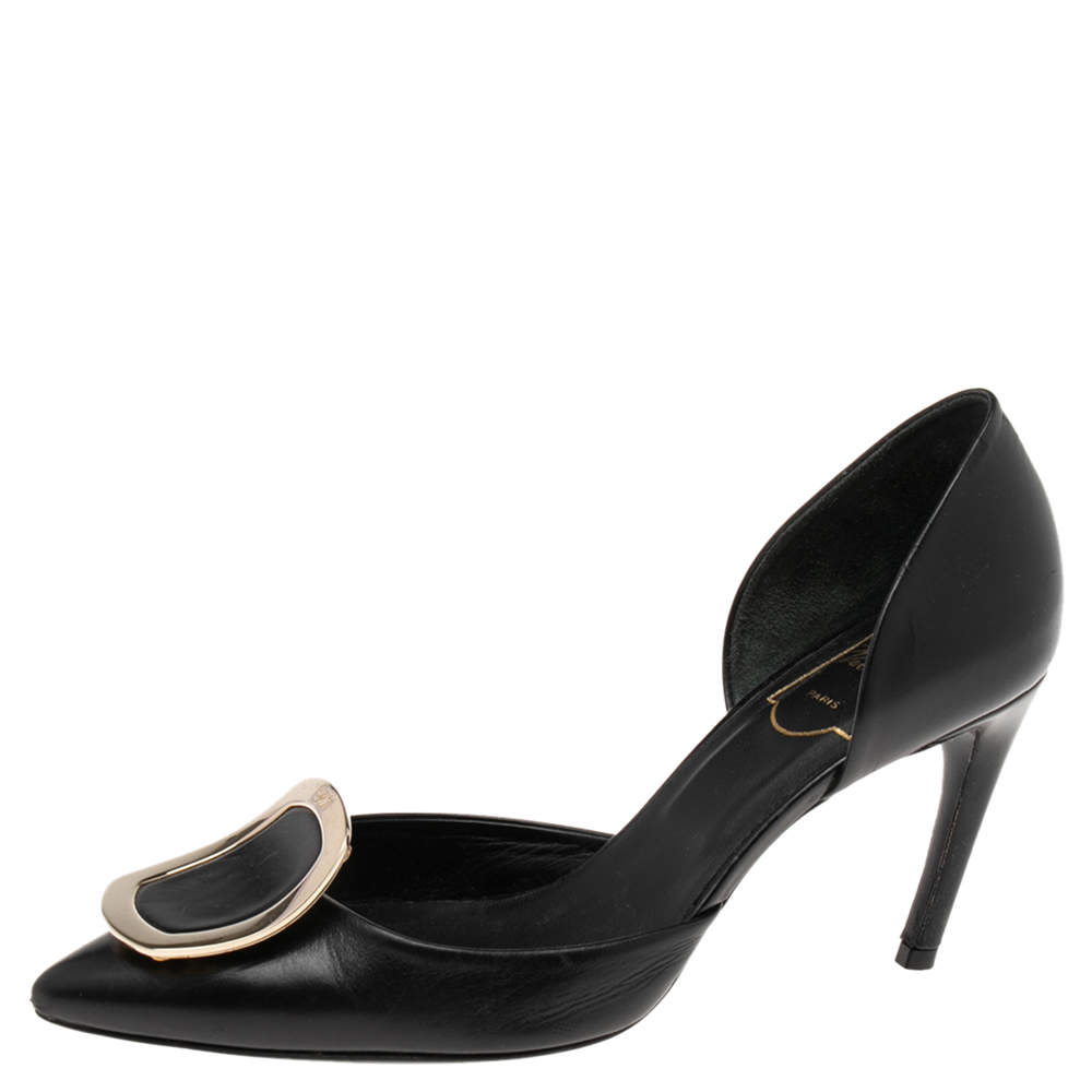 Pre Owned Roger Vivier Black Leather Chips D'orsay Buckle Pumps Size 35.5