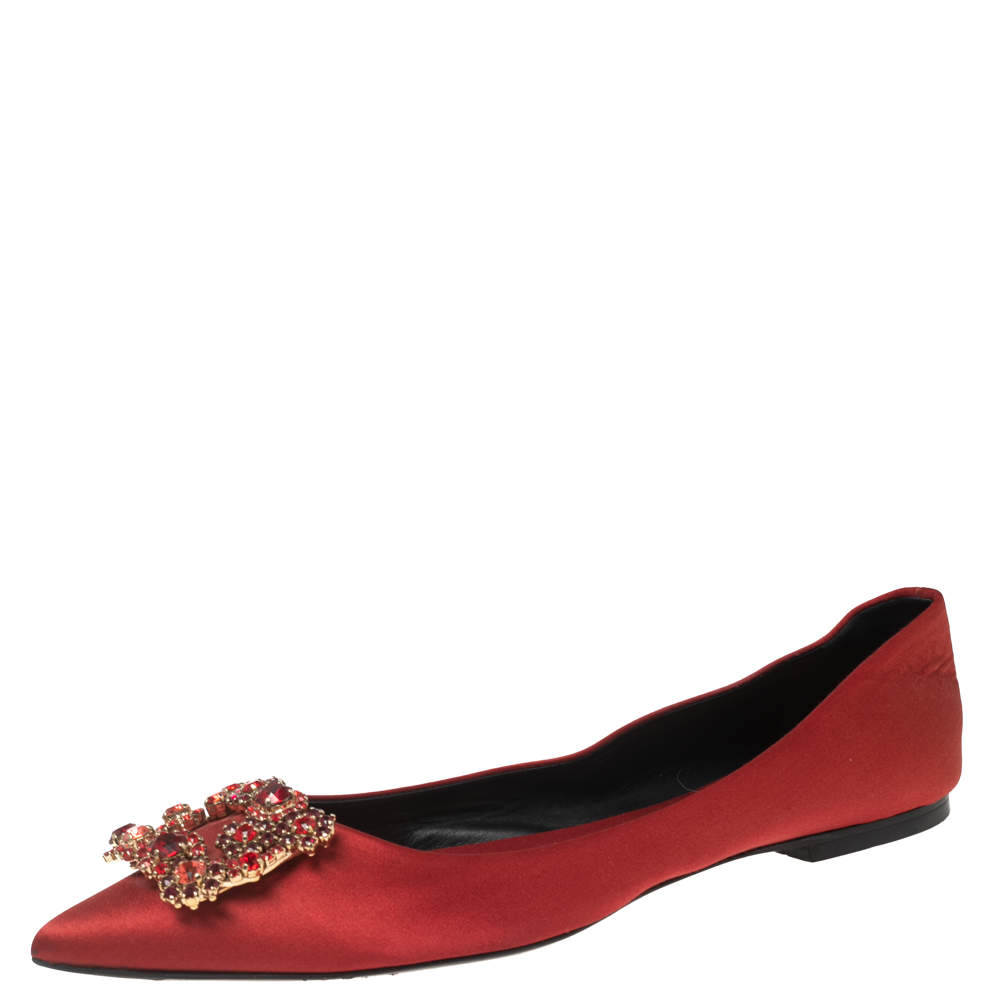 Pre Owned Roger Vivier Red Satin Crystal Embellished Ballet Flats Size 39