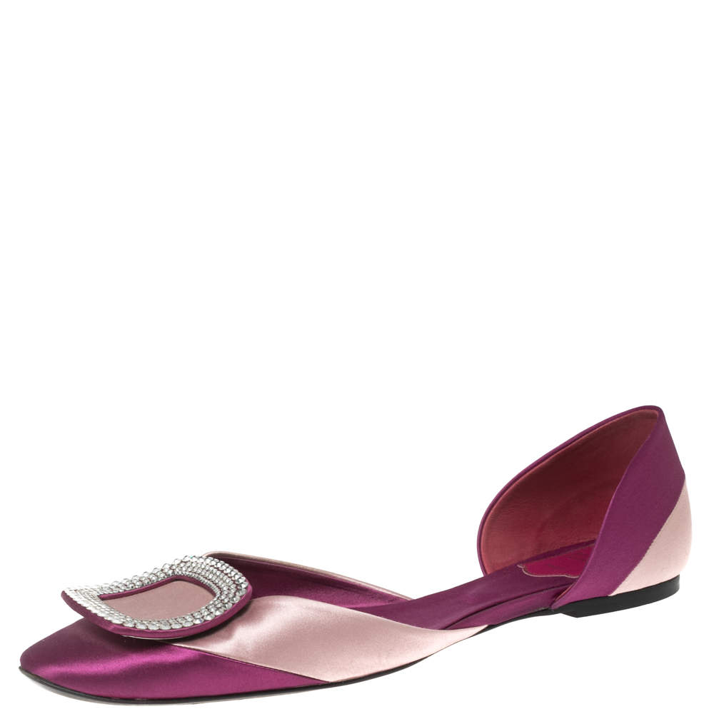Pre Owned Roger Vivier Magenta/Dusty Pink Satin Crystal Embellished Chip Ballet Flats Size 39.5