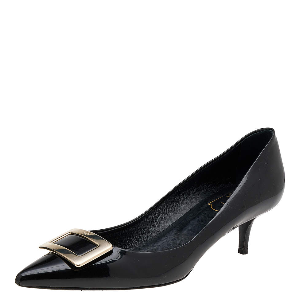 Pre Owned Roger Vivier Black Patent Leather Kitten Heel Pumps Size 37.5