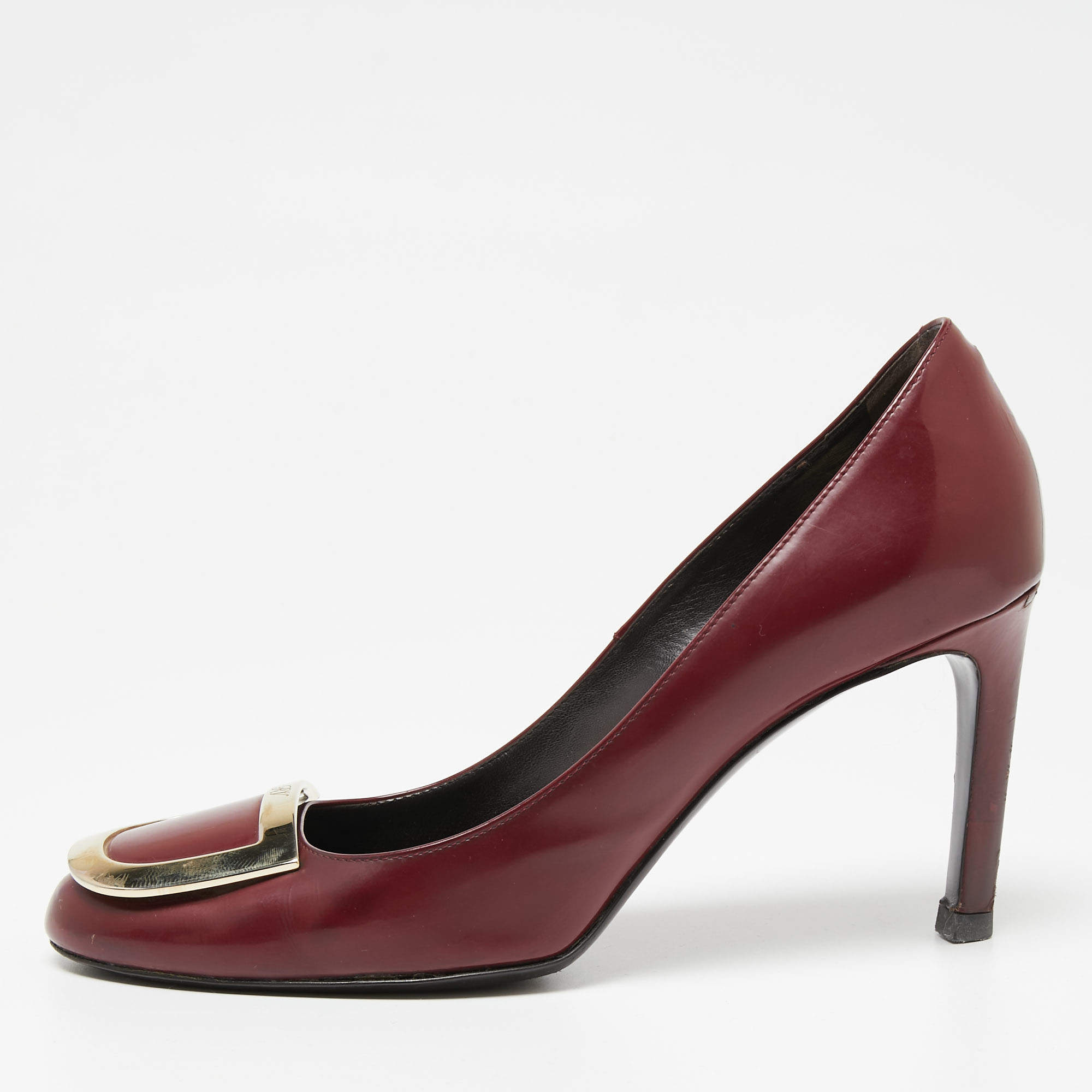 Pre Owned Roger Vivier Burgundy Patent Leather Buckle Round-Toe Pumps Size 38