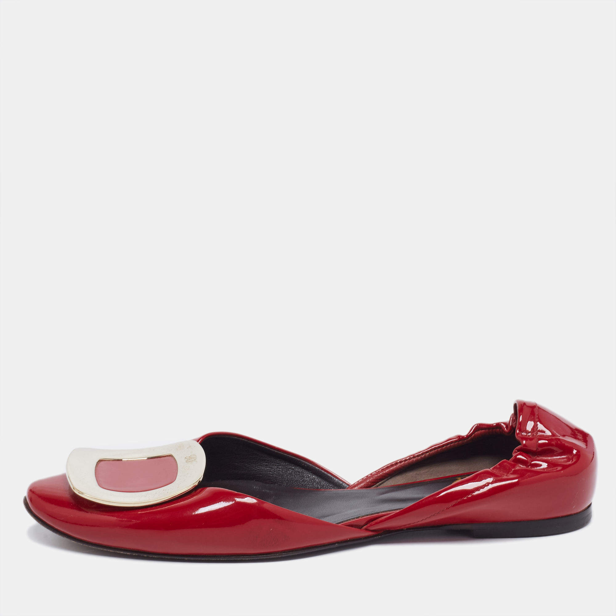 Pre Owned Roger Vivier Red Patent Leather Chips Buckle Flat D'Orsay Sandals Size 36