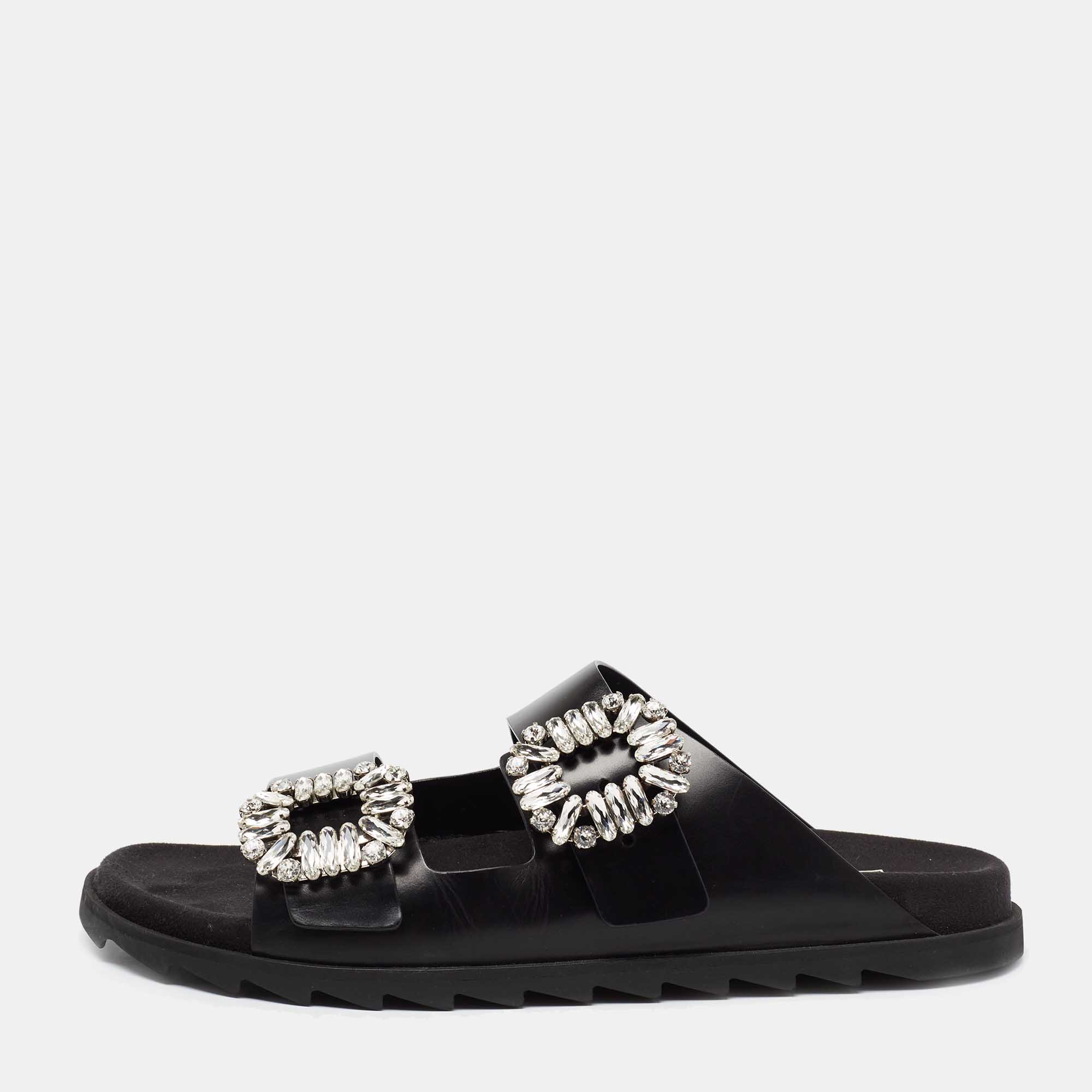 Pre Owned Roger Vivier Black Leather Crystal Embellished Buckle Slide Sandals Size 41