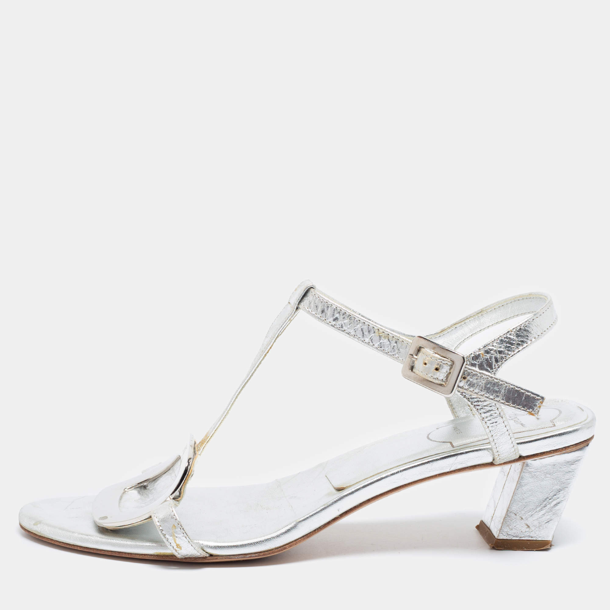 Pre Owned Roger Vivier Silver Metallic Silver Leather Ankle Strap Sandals Size 37