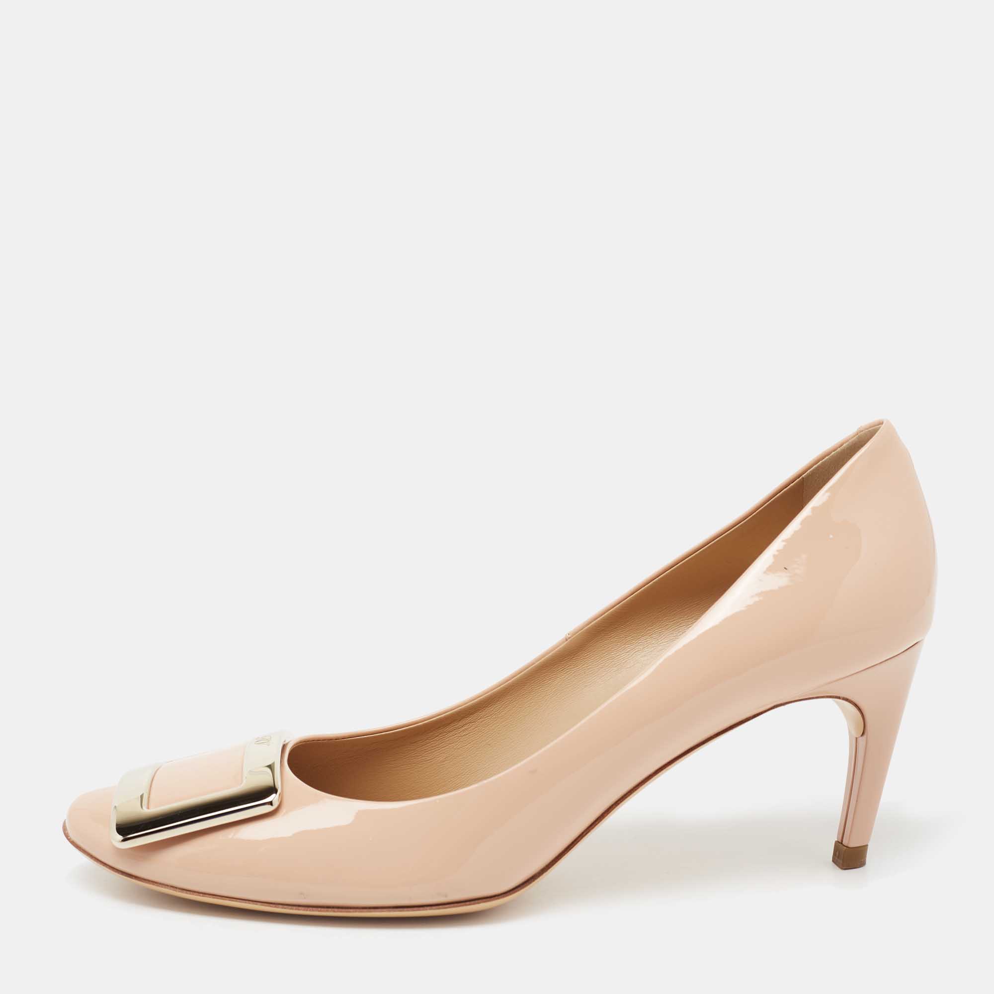Pre Owned Roger Vivier Beige Patent Leather Trompette Pumps Size 38.5