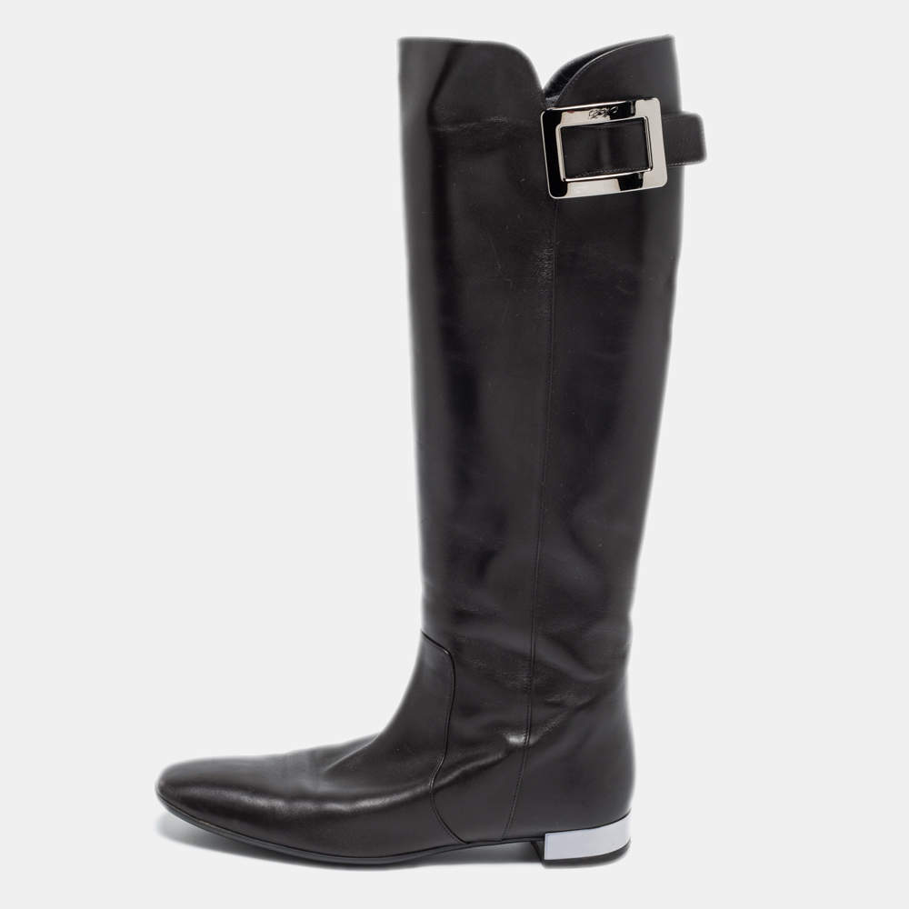 Pre Owned Roger Vivier Black Leather Buckle Knee Length Boots Size 38
