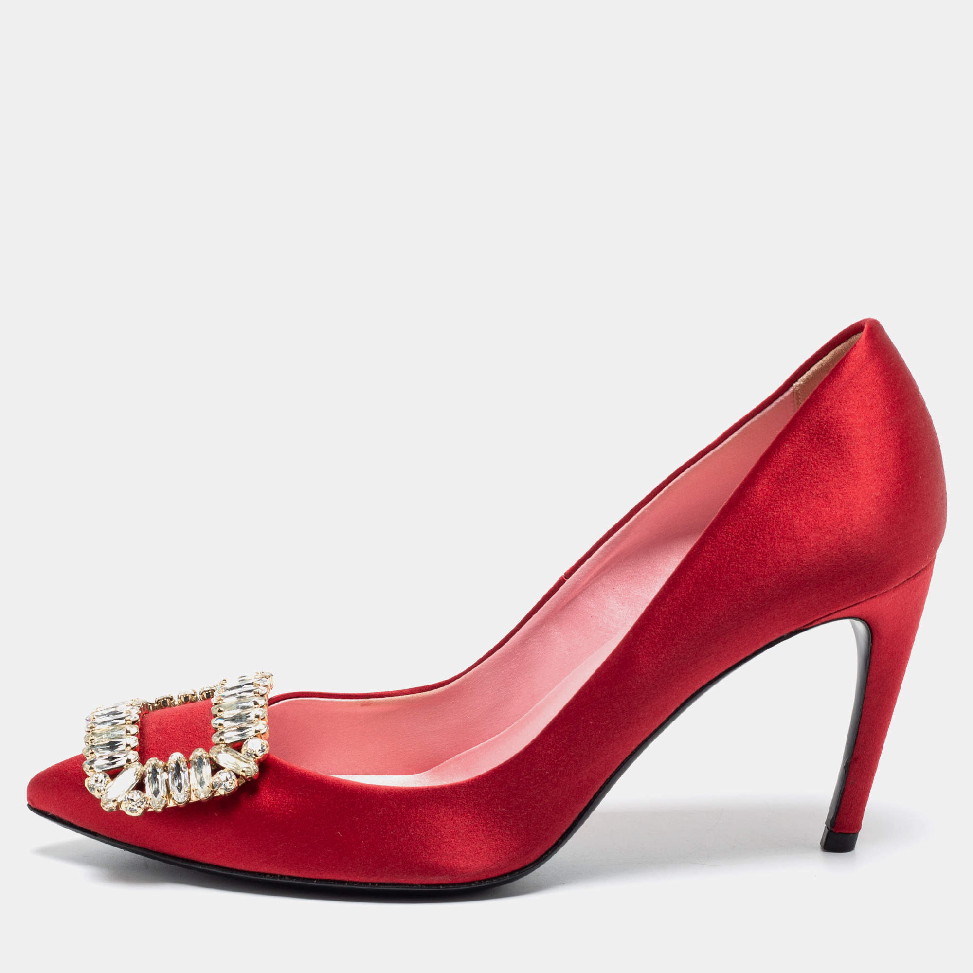 Pre Owned Roger Vivier Red Satin Crystal Embellished Trompette Pumps Size 38