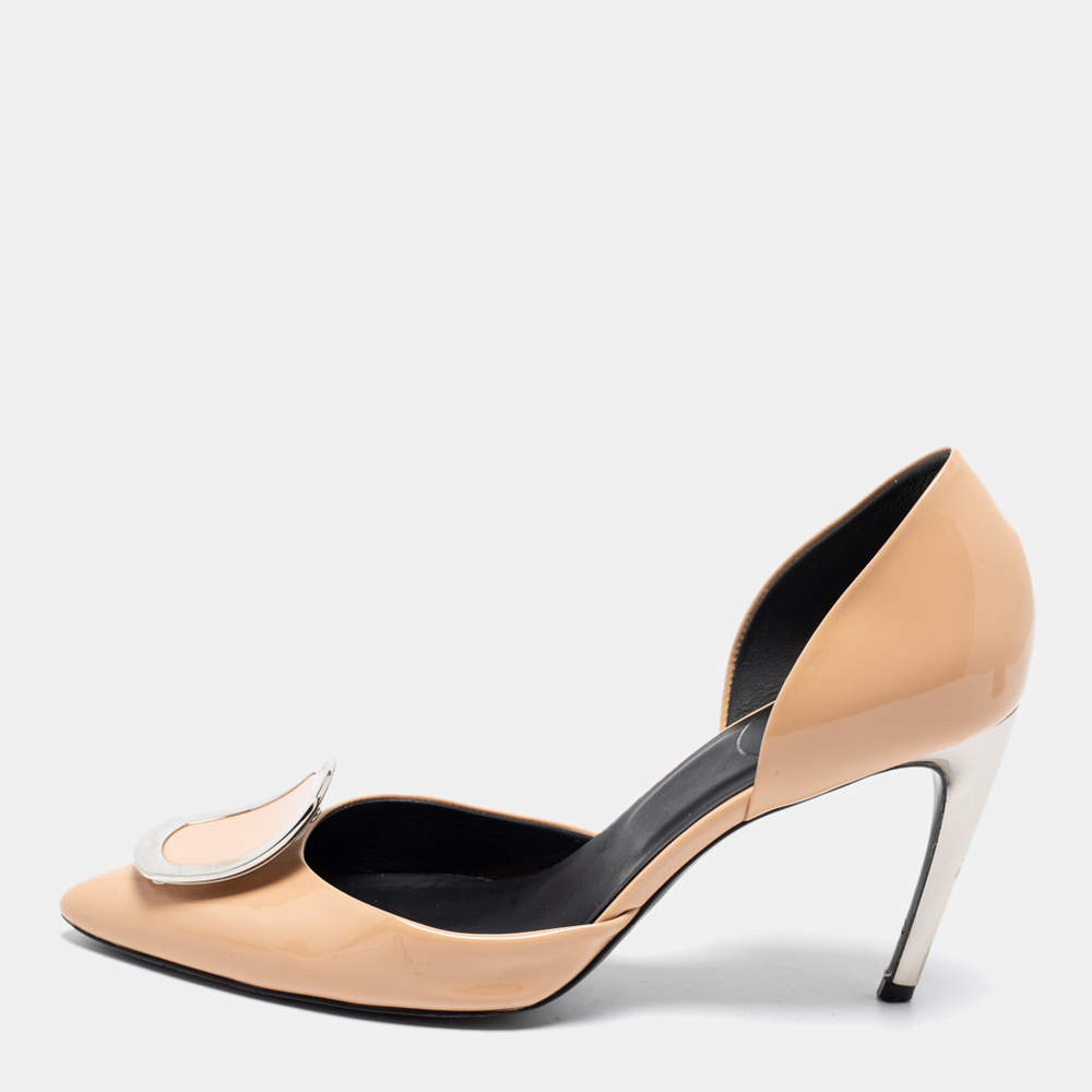Pre Owned Roger Vivier Beige Patent Leather Chips Buckle D'orsay Pumps Size 37