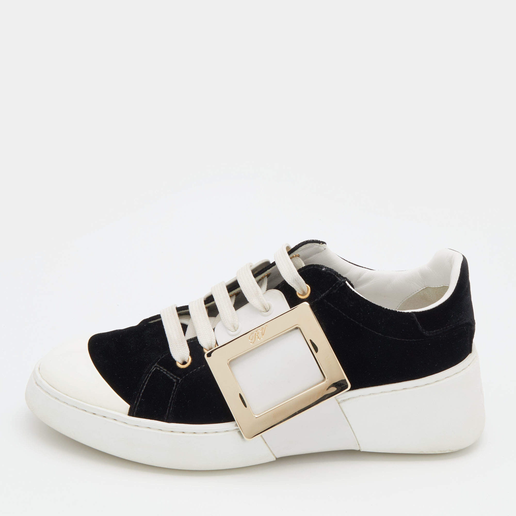 Roger Vivier Black/White Velvet and Patent Leather Metal Buckle Viv' Skate Sneakers Size 38