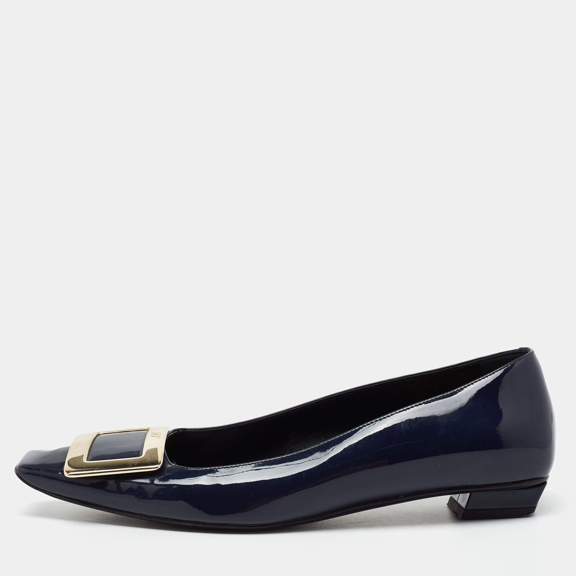 Pre Owned Roger Vivier Navy Blue Patent Leather Belle Ballet Flats Size 38