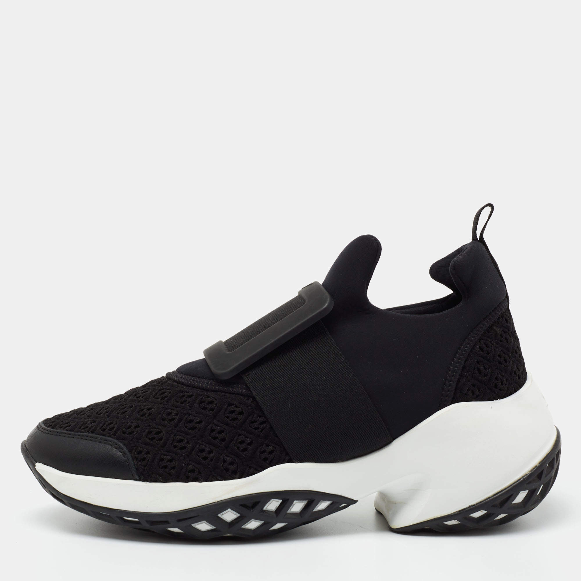 Pre Owned Roger Vivier Black Fabric and Leather Slip on Sneakers Size 37.5