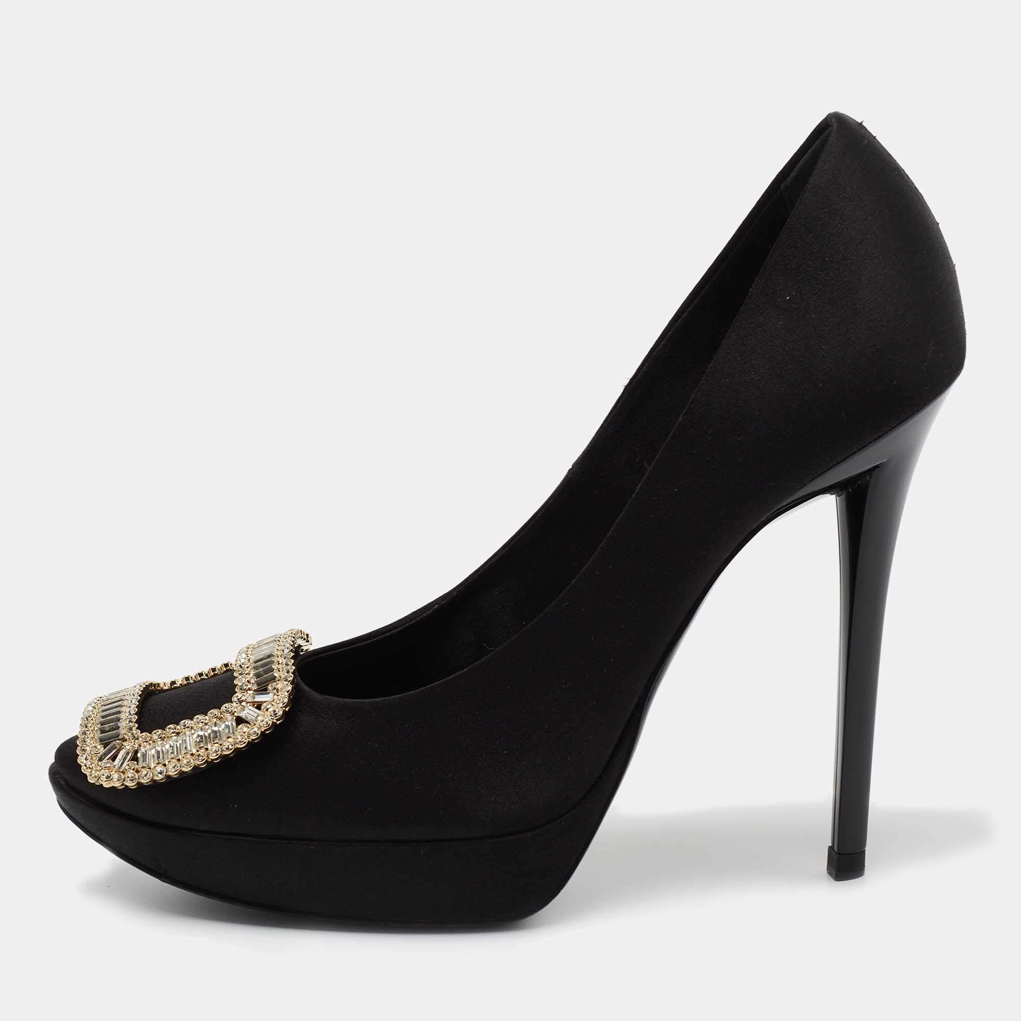 Pre Owned Roger Vivier Black Satin Limelight Buckle Pumps Size 38.5