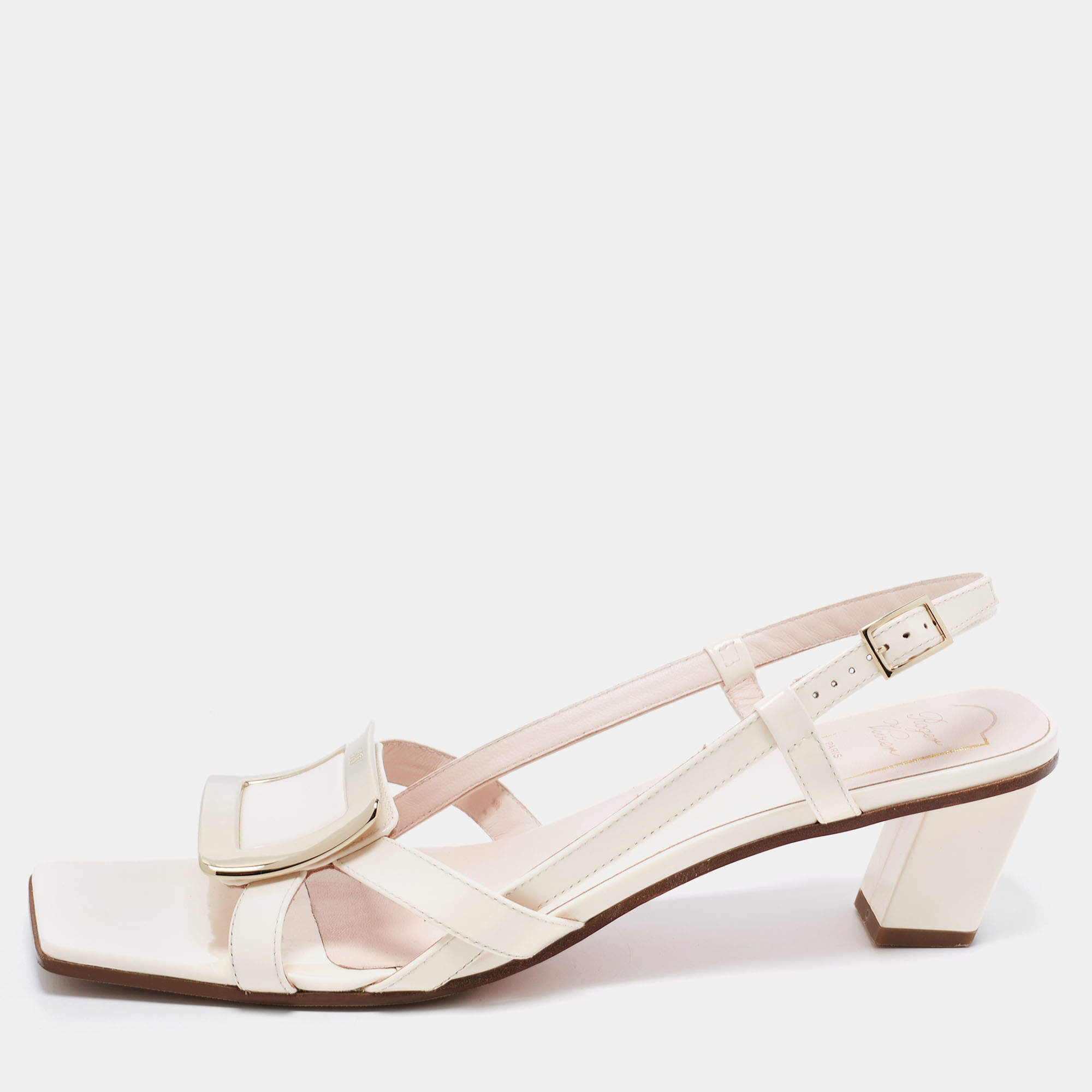 Roger Vivier White Patent Leather Belle Vivier Slingback Sandals Size 42
