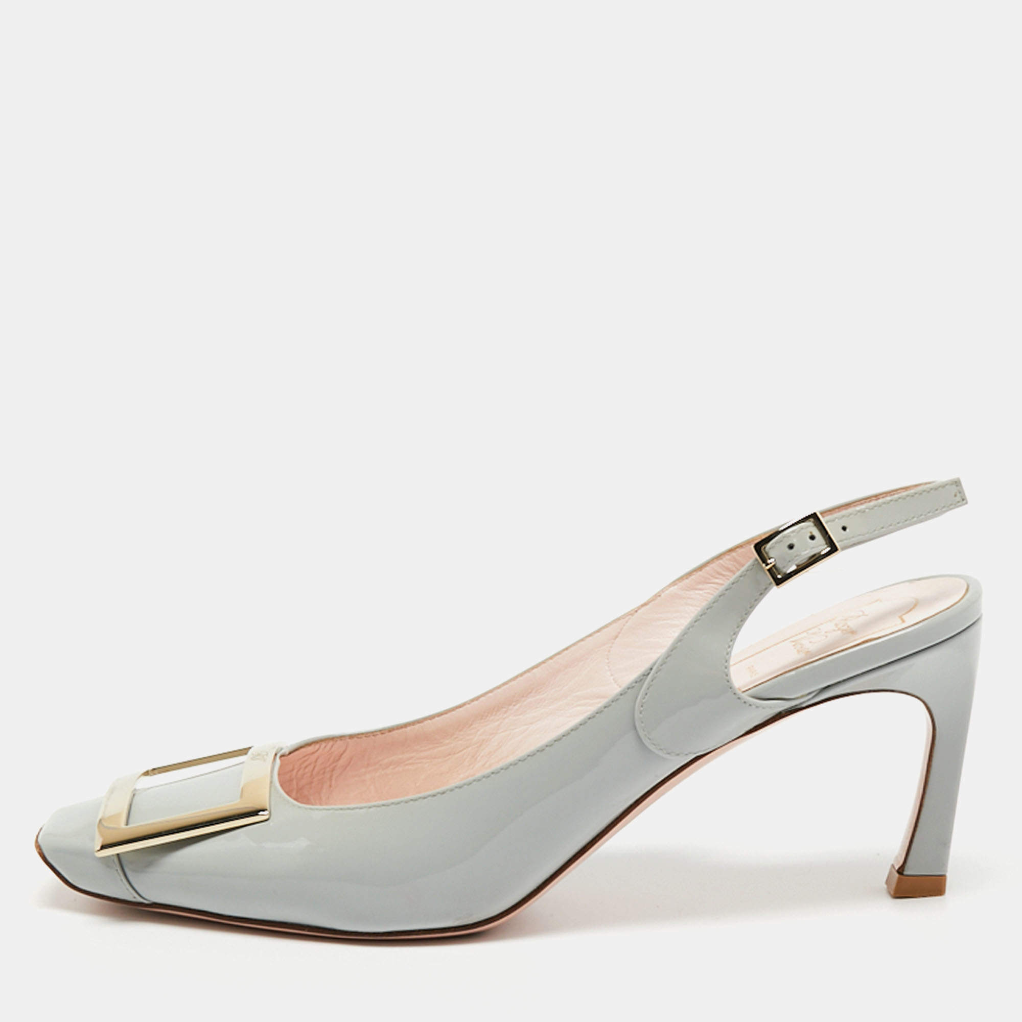 Pre Owned Roger Vivier Grey Patent Leather Belle Vivier Slingback Pumps Size 37.5 