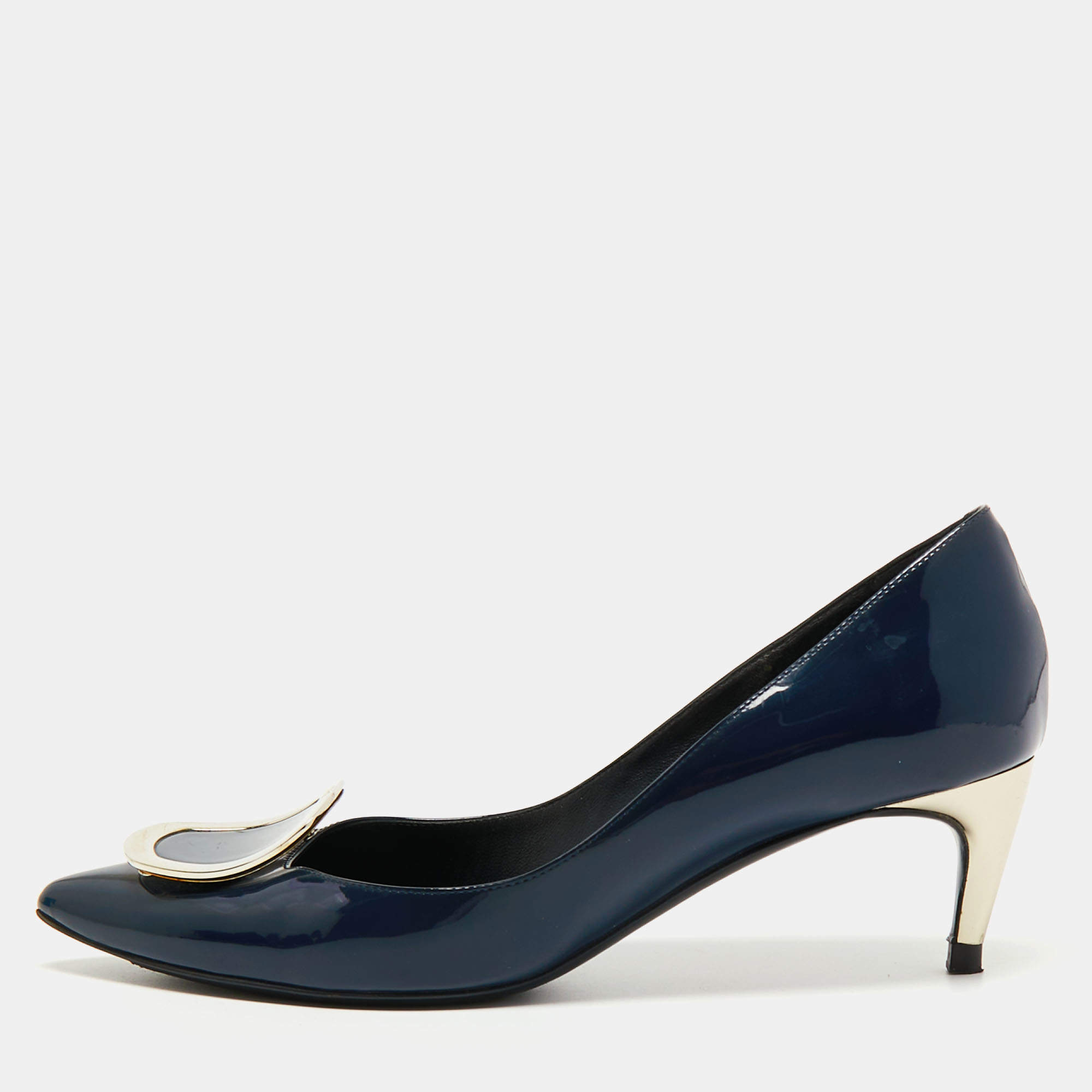 Pre Owned Roger Vivier Navy Blue Patent Leather Sexy Choc Pumps Size 37.5