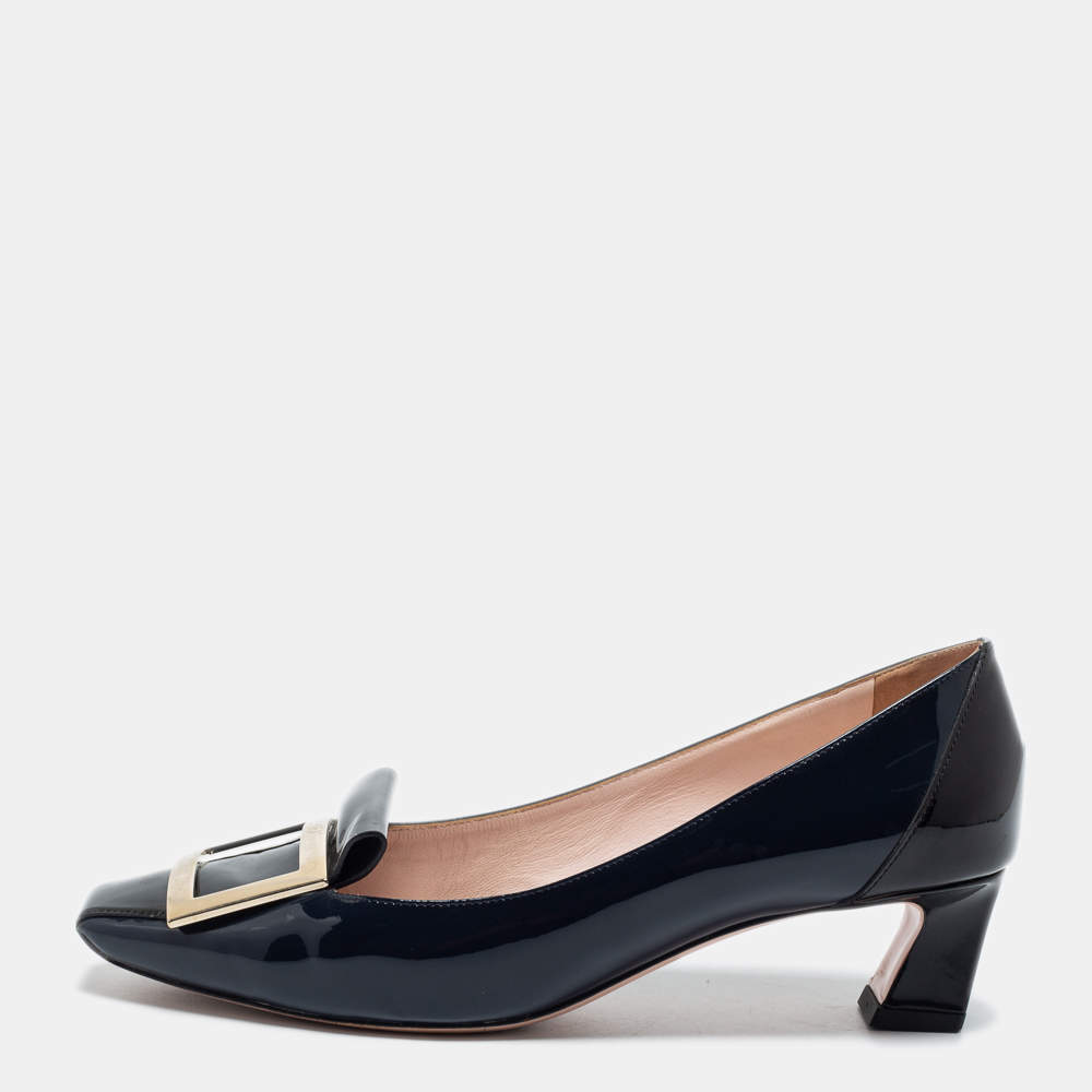 Pre Owned Roger Vivier Black/Navy Blue Patent Leather Buckle Detail Pumps Size 37.5