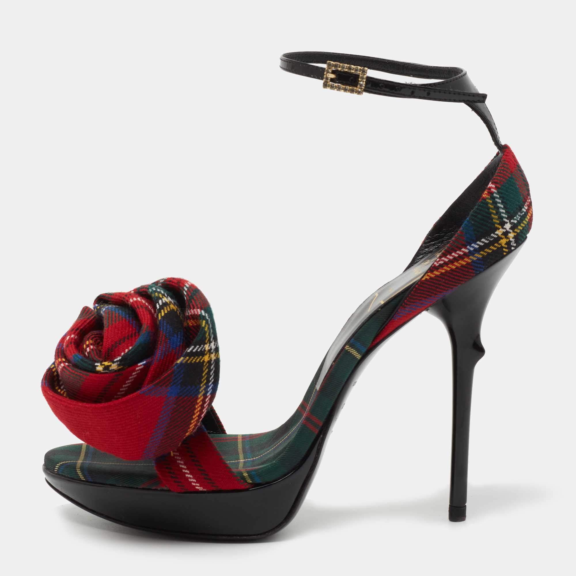 Roger Vivier Multicolor Fabric and Patent Leather Flower Detail Ankle Strap Sandals Size 36