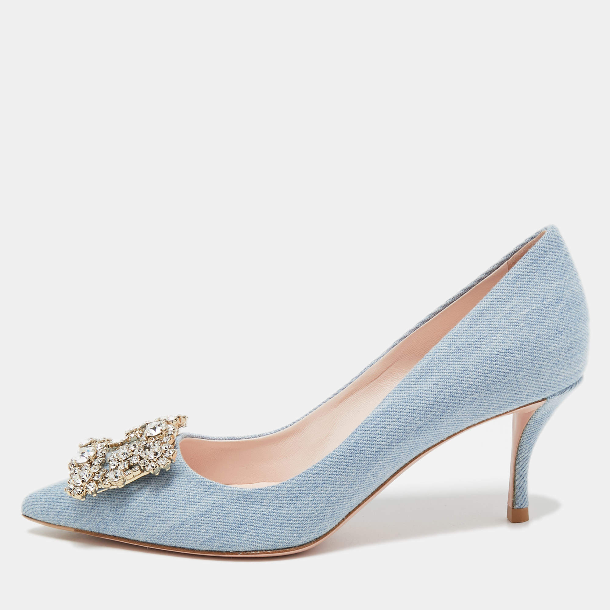 Pre Owned Roger Vivier Light Blue Denim Crystal Embellished Pointed Toe Pumps Size 35