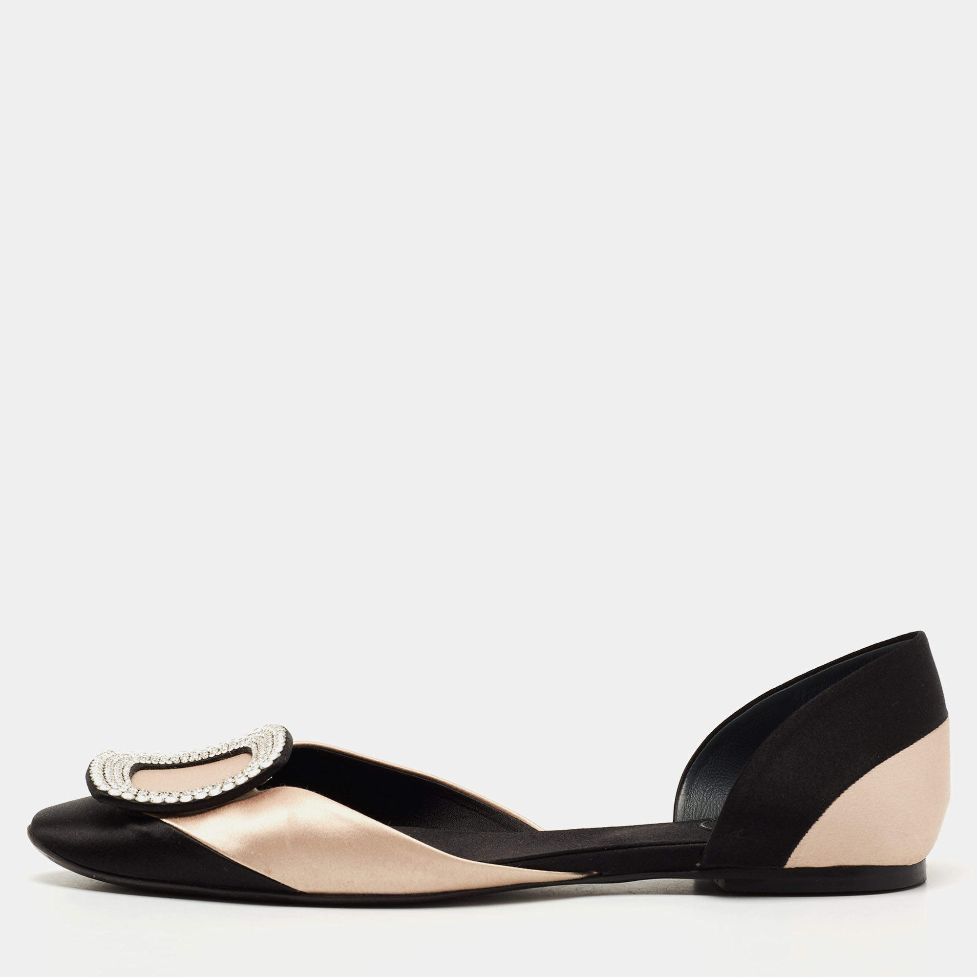 Pre Owned Roger Vivier Black/Pink Satin Crystal Embellished D'orsay Flats Size 37.5