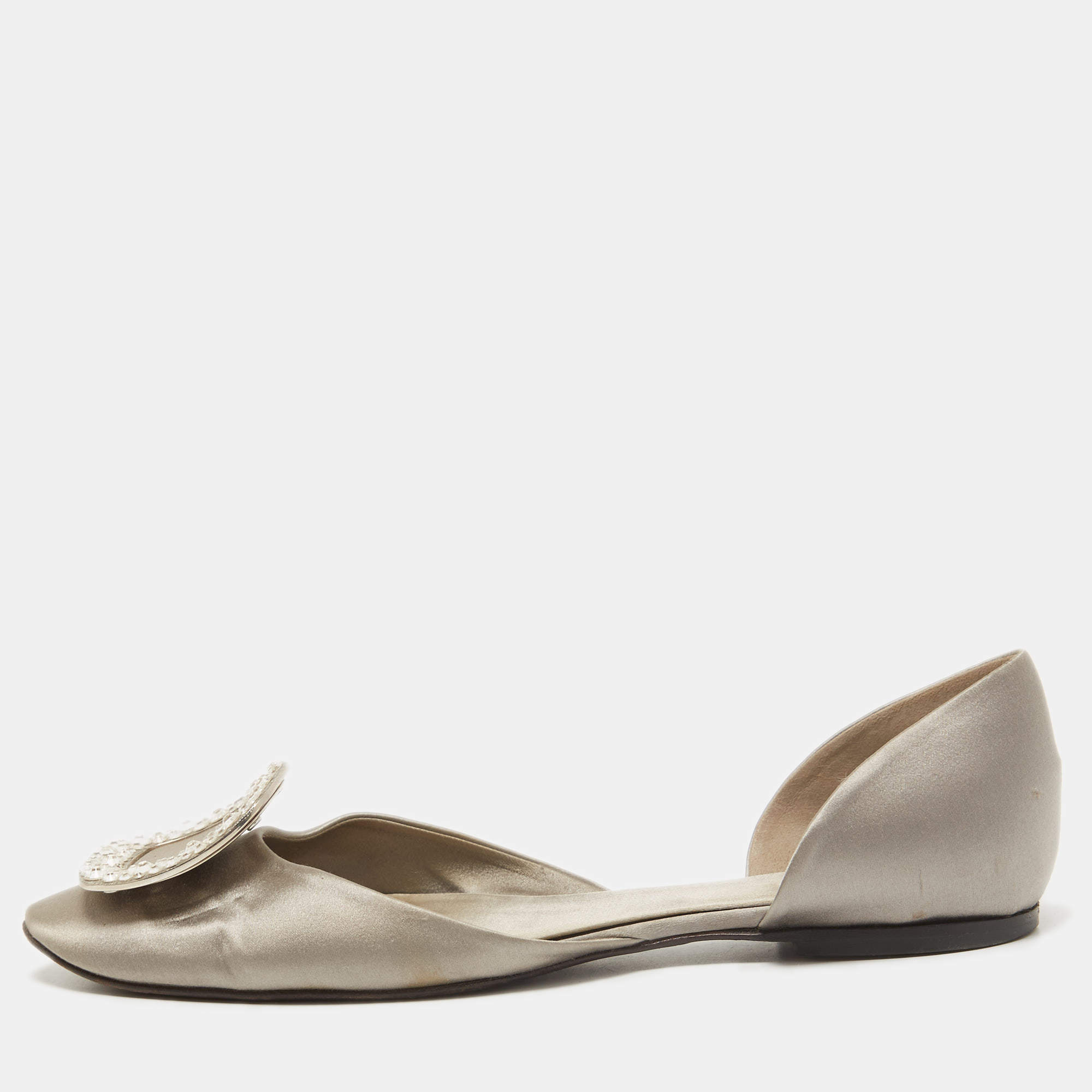 Pre Owned Roger Vivier Grey Satin Crystal Embellished Chips D'orsay Flats Size 38
