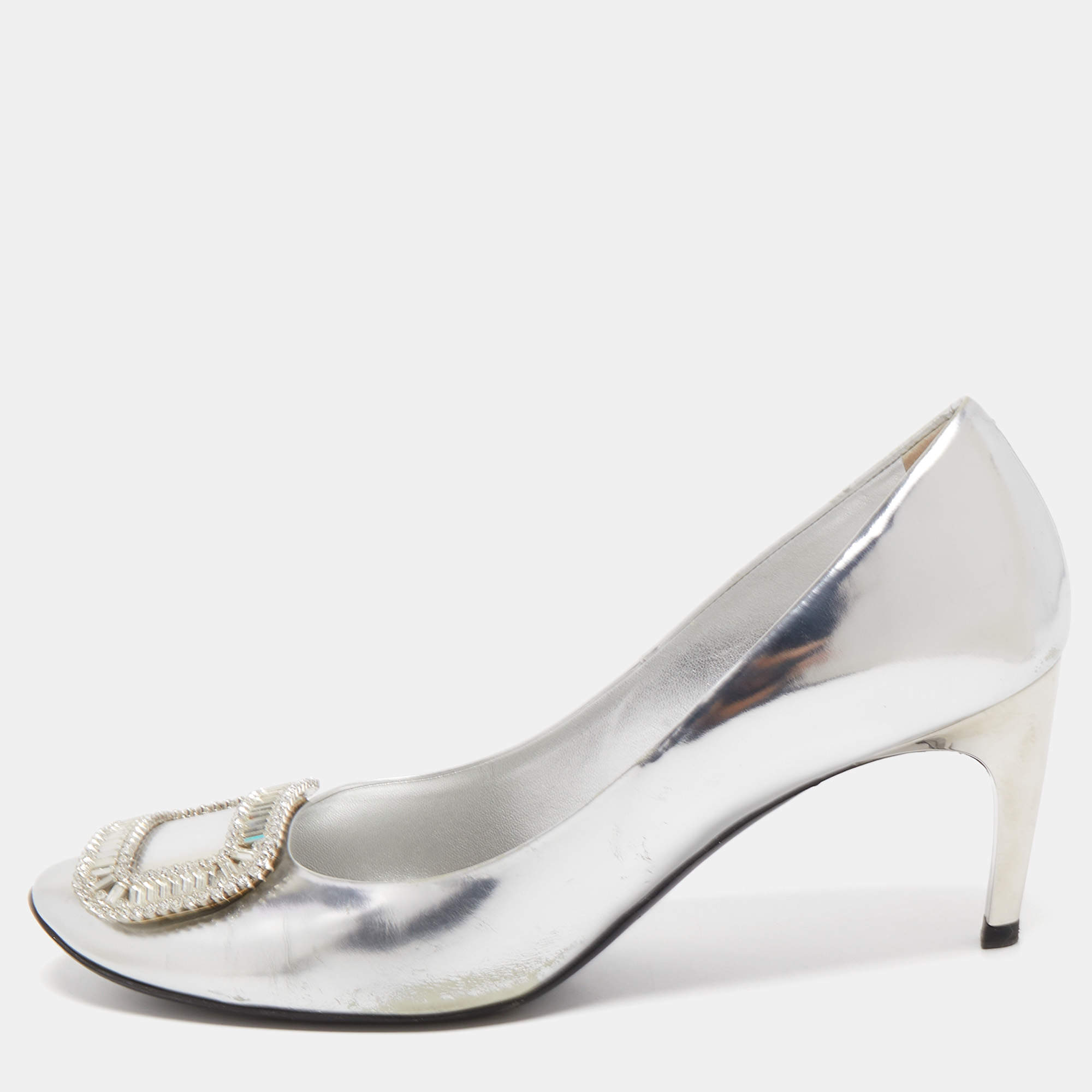 Pre Owned Roger Vivier Silver Leather Crystal Embellished Trompette Pumps Size 40