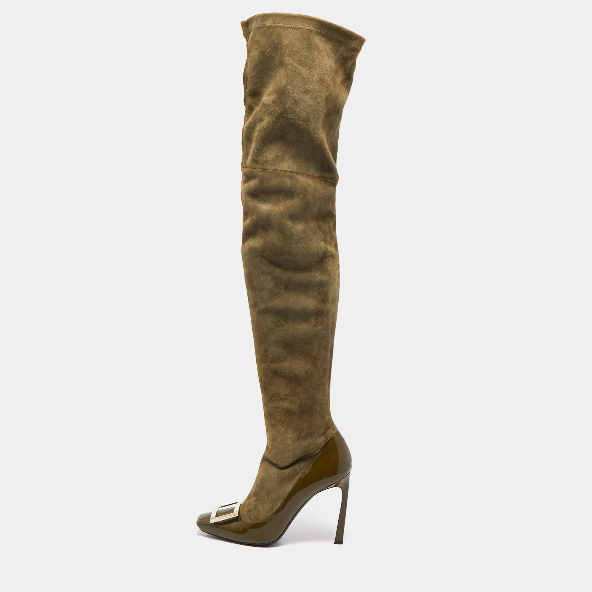 Roger Vivier Olive Green Patent Leather and Suede Over The Knee Length Boots Size 40
