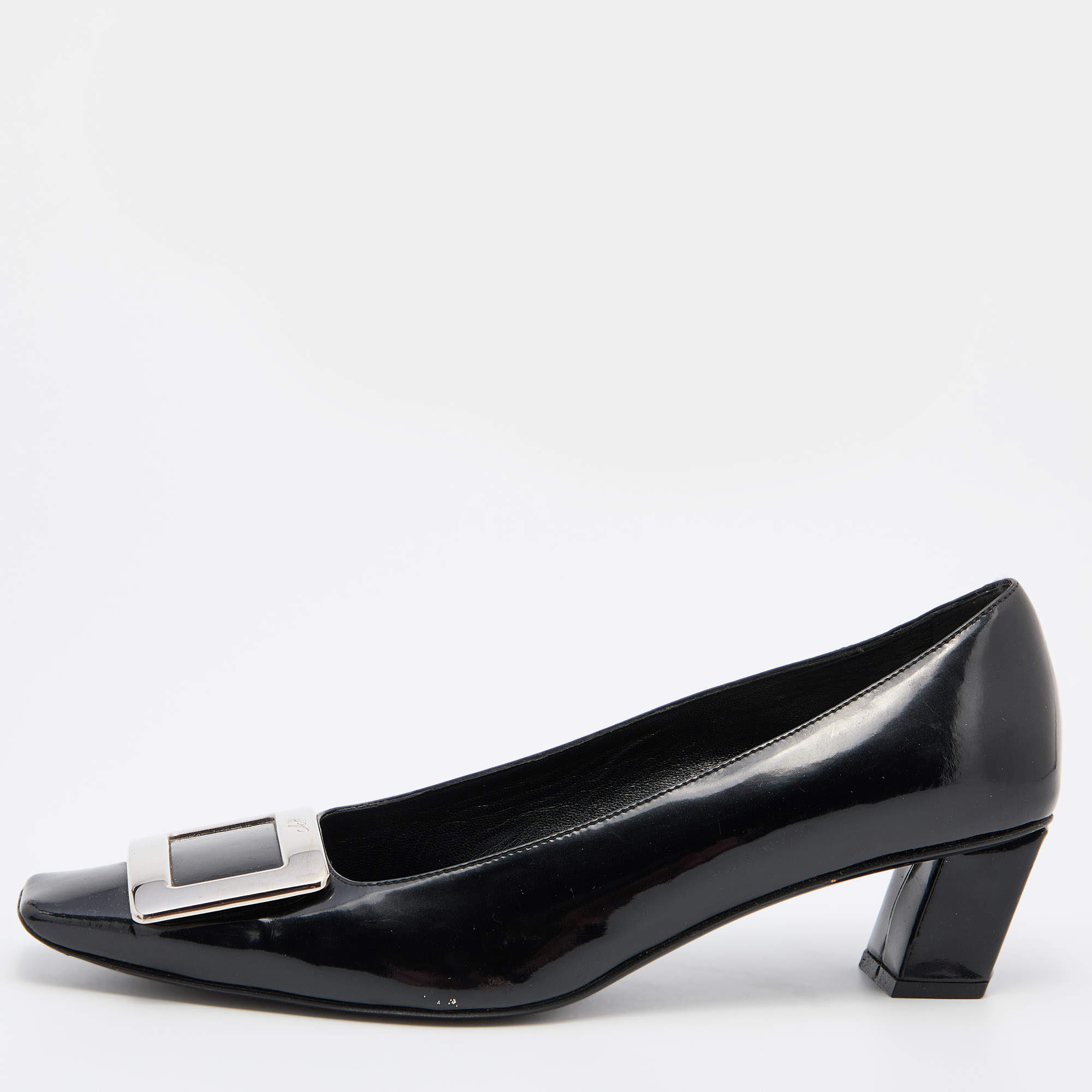 Pre Owned Roger Vivier Black Patent Leather Buckle Detail Pumps Size 37
