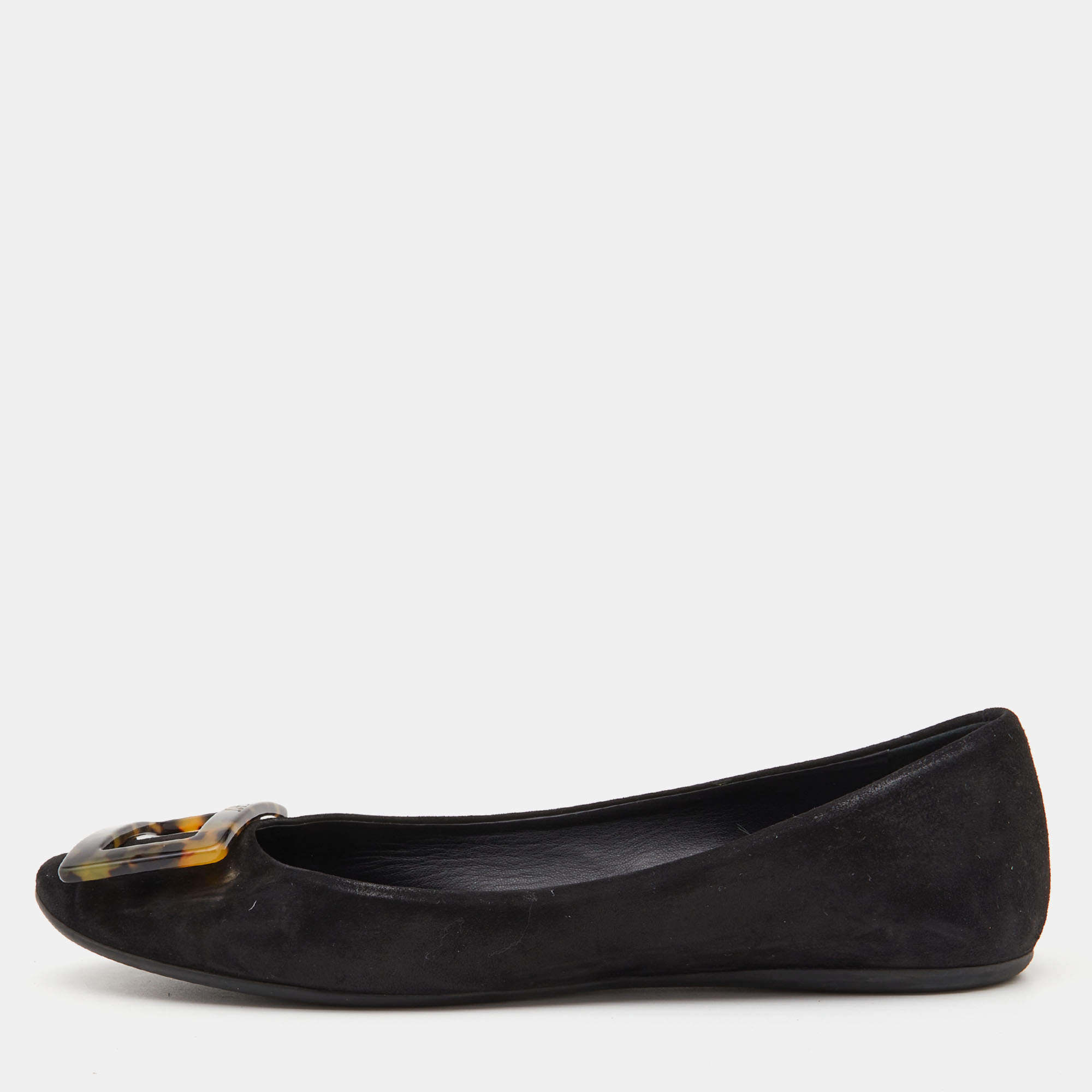 Roger Vivier Black Suede Tortoise Shell Buckle Ballet Flats Size 39.5