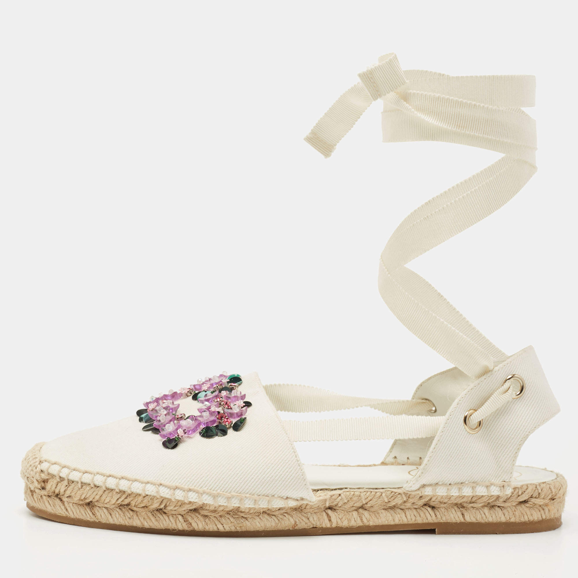 Pre Owned Roger Vivier White Canvas Embellished Lace Up Espadrille Flats Size 39
