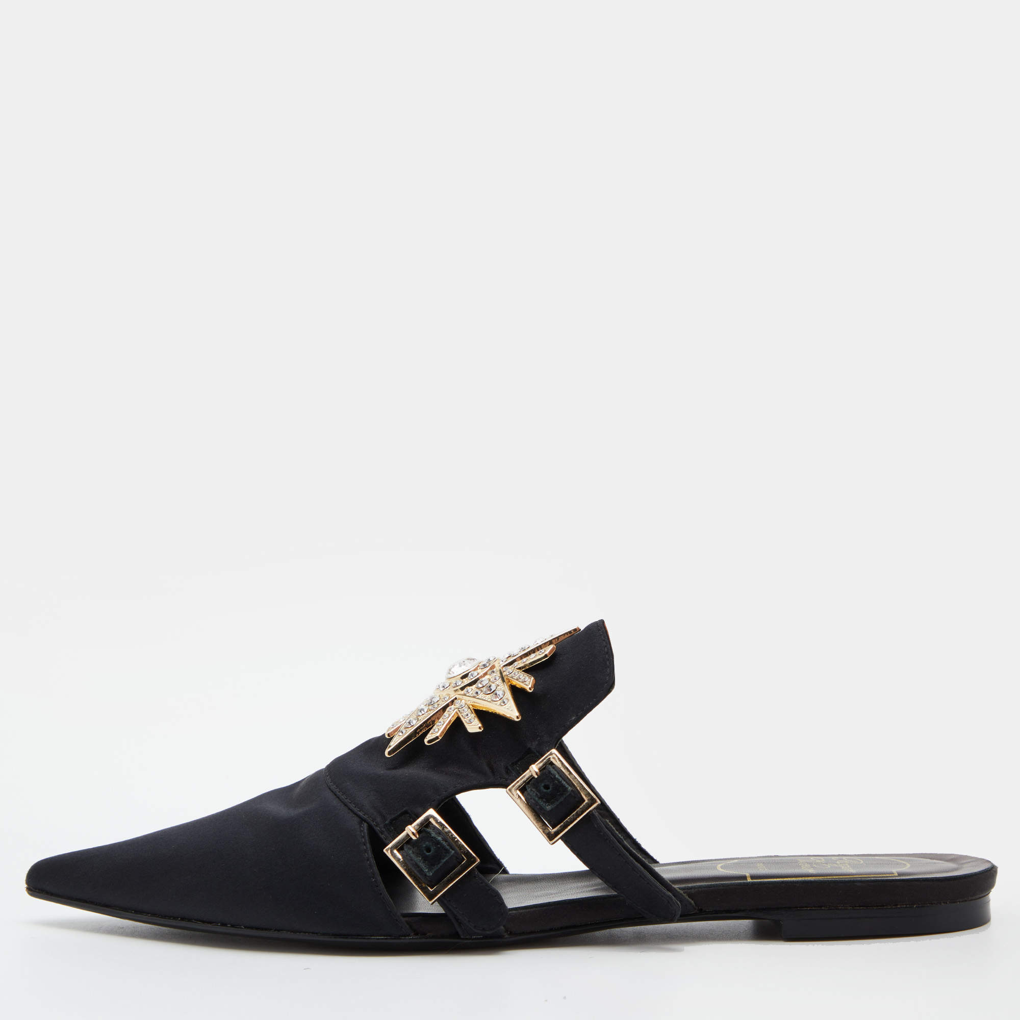 Roger Vivier Black Satin Star Strass Mule Flats Size 39