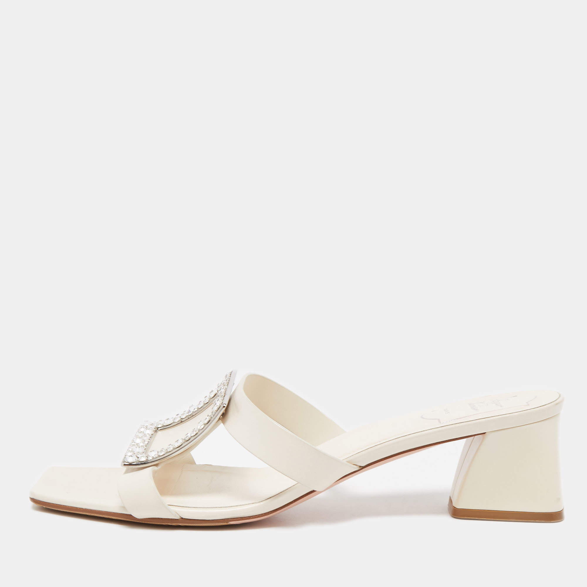 Roger Vivier Off White Leather Crystal Embellished Slide Sandals Size 42
