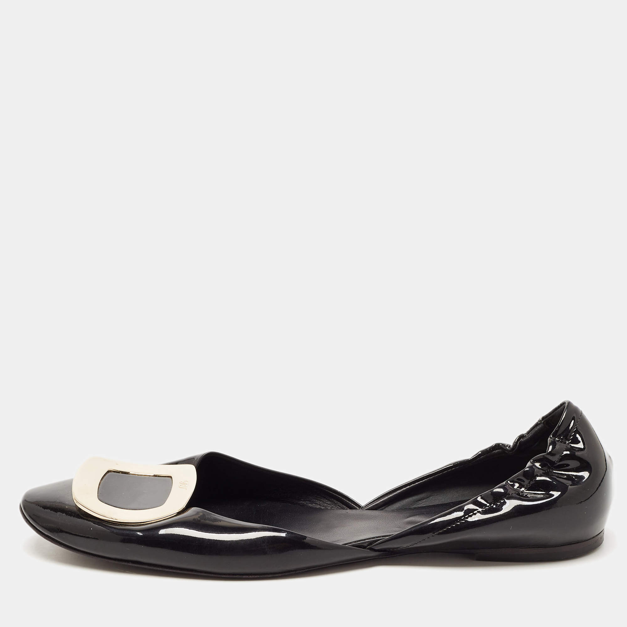 Pre Owned Roger Vivier Black Patent Leather Chips Buckle D'orsay Ballet Flats Size 42