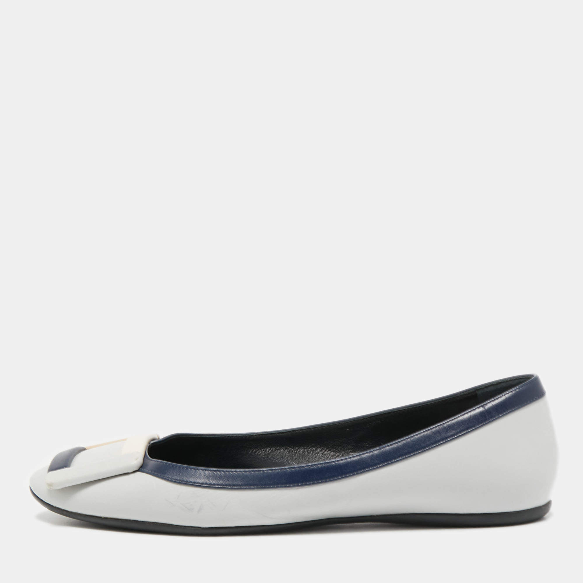 Roger Vivier Grey Leather Buckle Detail Square Cap Toe Ballet Flats Size 37
