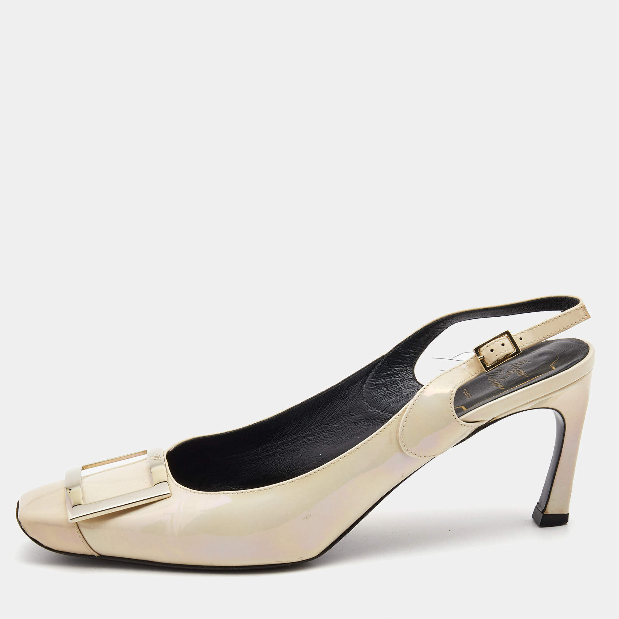 Pre Owned Roger Vivier Cream Patent Leather Belle Vivier Slingback Pumps Size 39.5