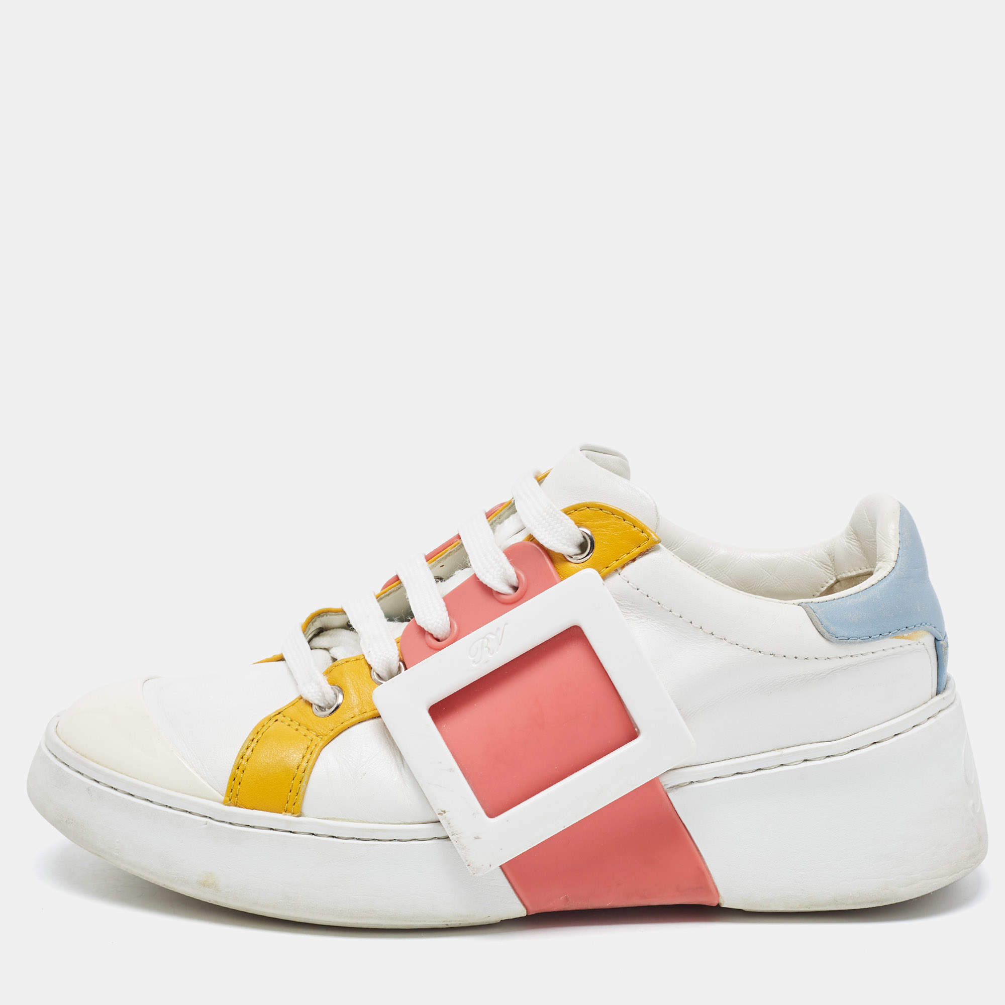 Pre Owned Roger Vivier White Leather Viv Skate Sneakers Size 35.5