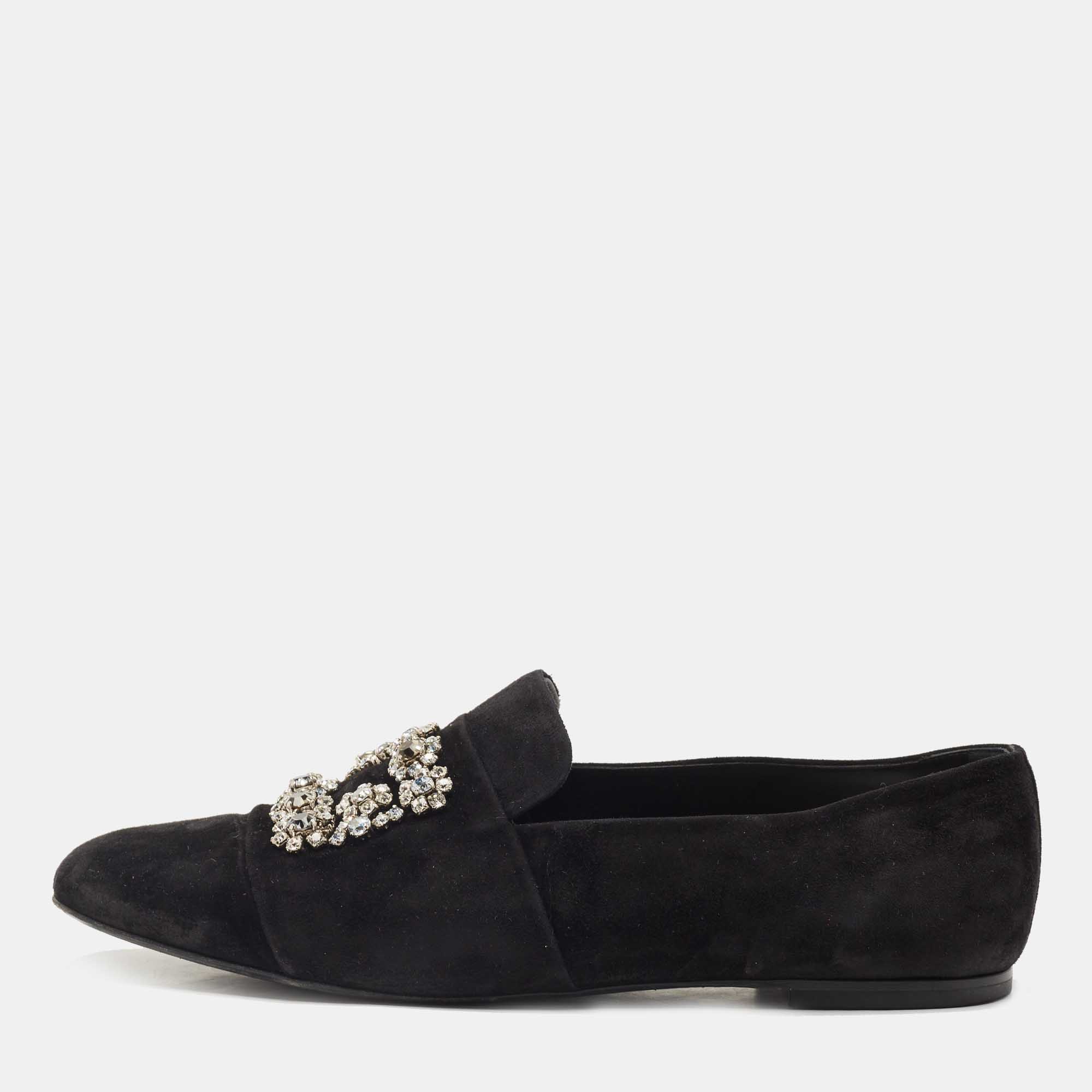 Pre Owned Roger Vivier Black Suede and Crystal Flower Strass Loafers Size 40