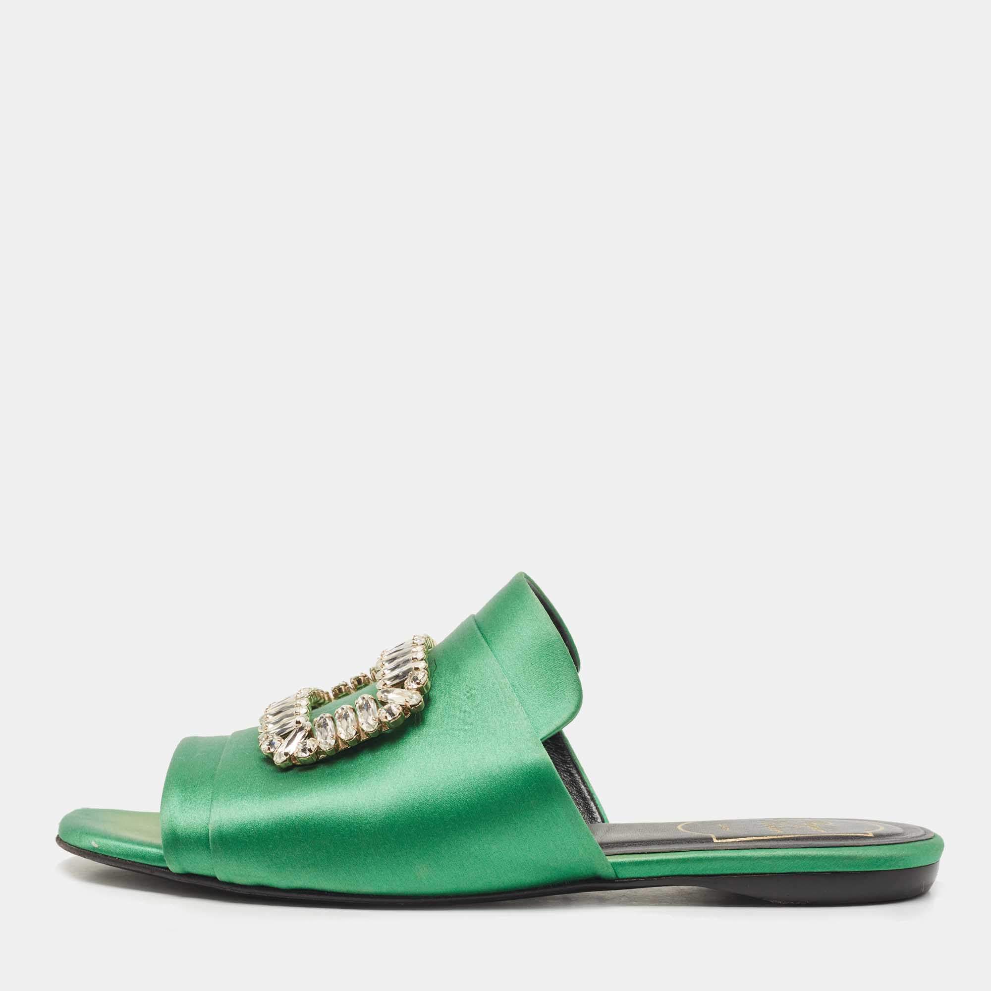 Roger Vivier Green Satin Tiffany Flat Slides Size 37.5
