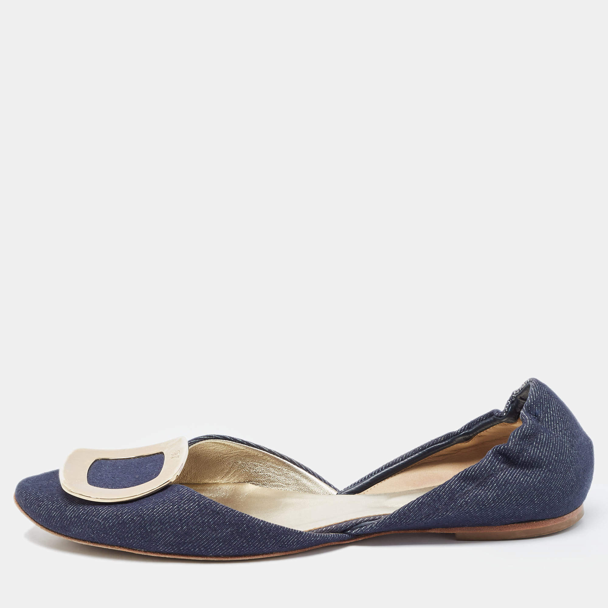 Roger Vivier Navy Blue Denim Chip Buckle D'orsay Flats Size 38