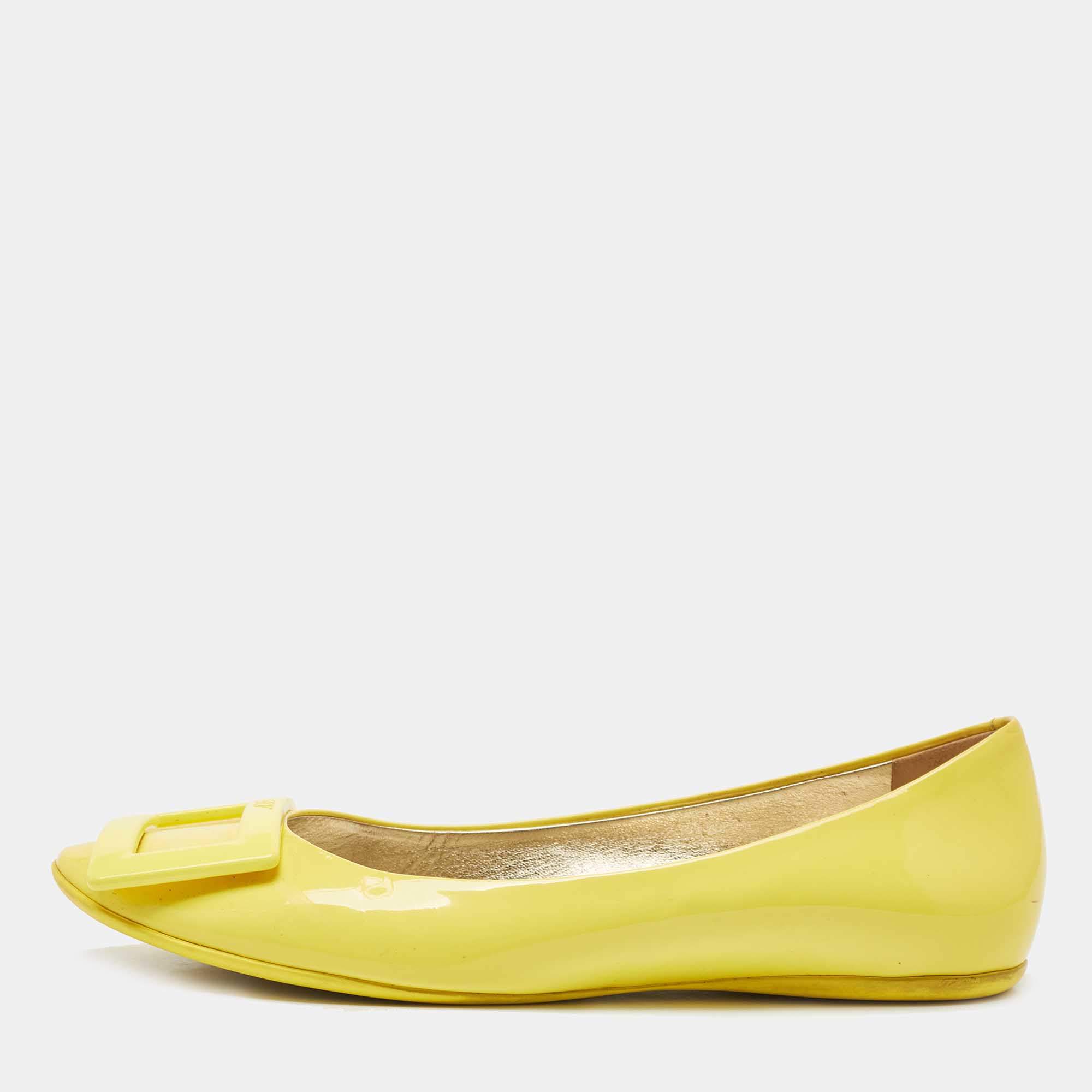 Pre Owned Roger Vivier Yellow Patent Leather Gommette Ballet Flats Size 37