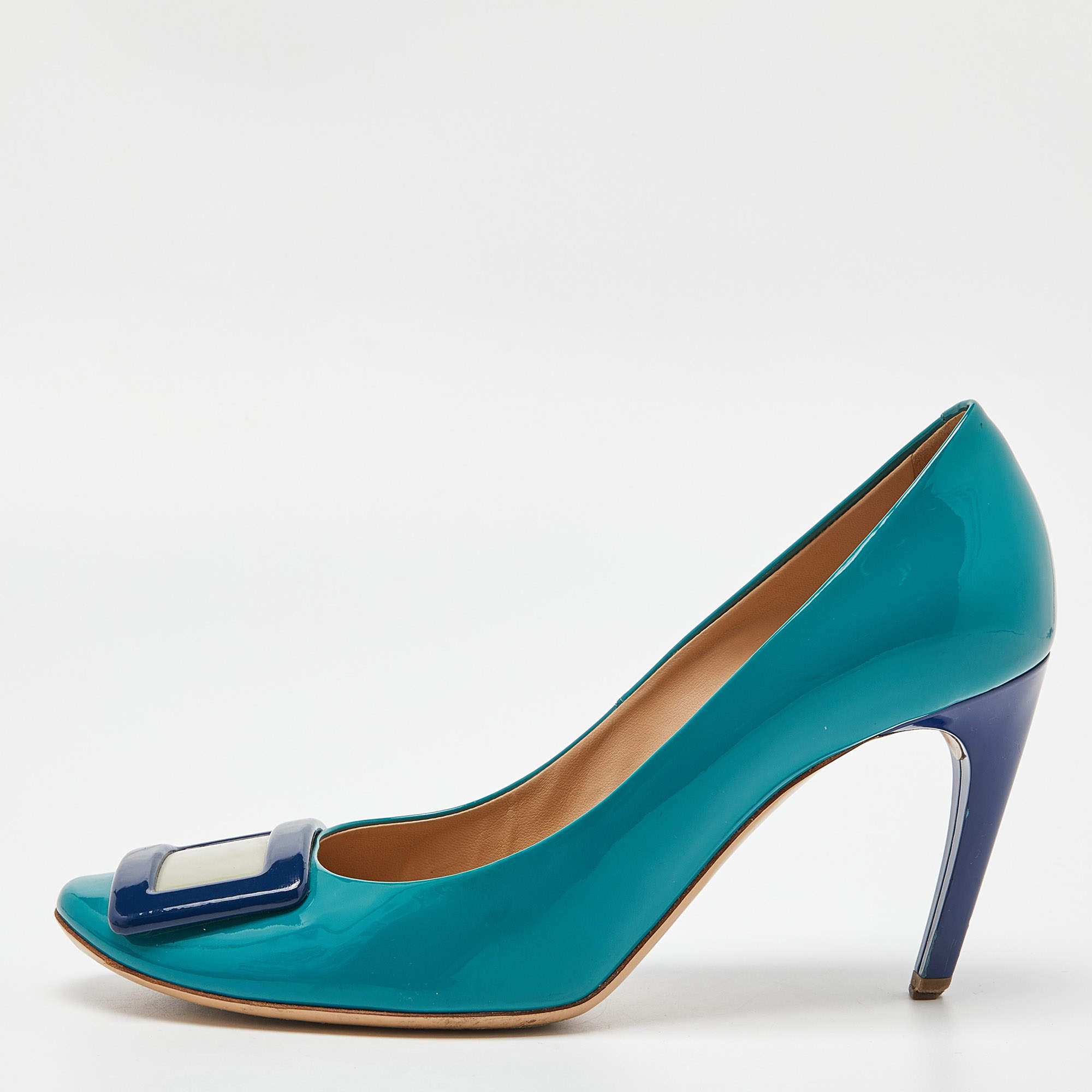 Pre Owned Roger Vivier Turquoise Blue Patent Leather Trompette Pumps Size 39